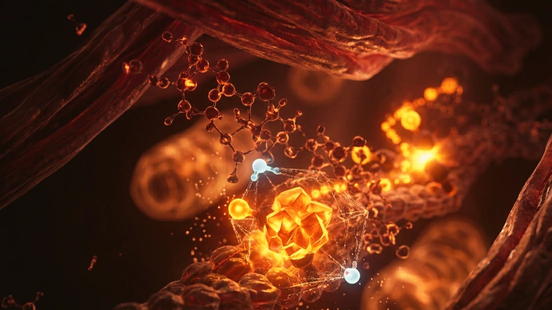 Molécula de creatina monohidrato de color ámbar acoplándose al sistema fosfocreatina-ATP dentro de una célula muscular.