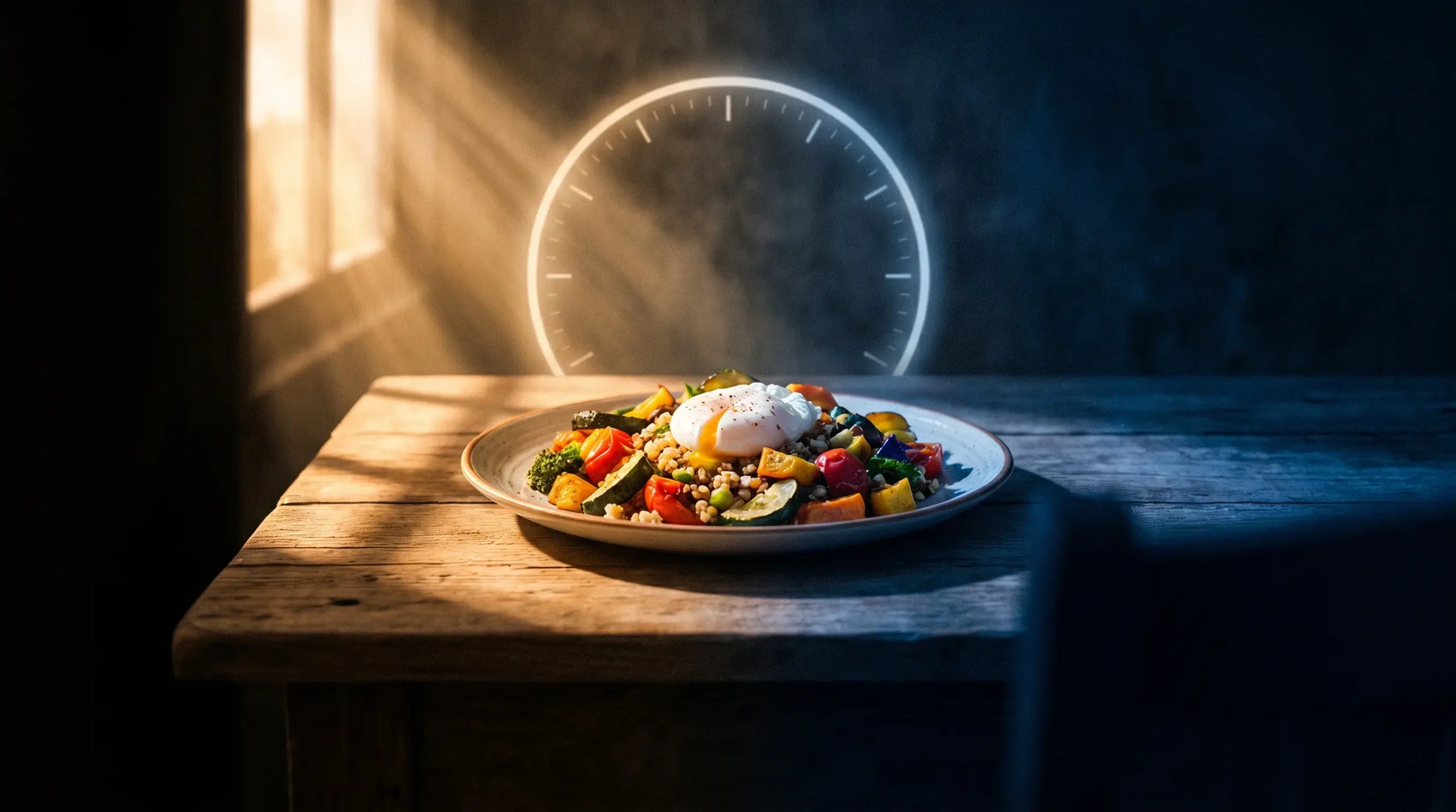 Un plato saludable dividido entre la luz dorada del amanecer y la luz azul de la noche sobre un fondo oscuro, con un reloj tenue al fondo, que representa la crononutrición.
