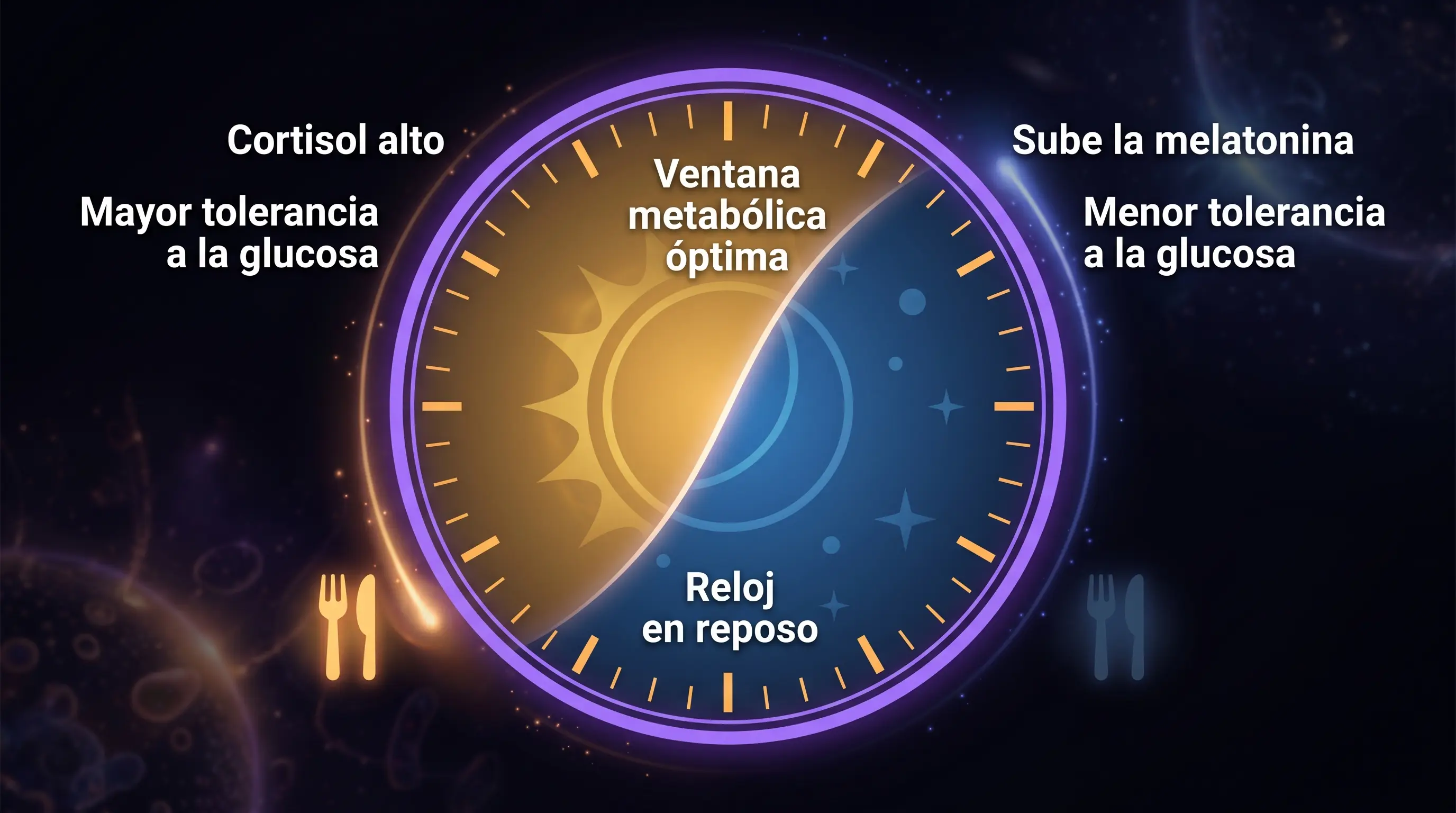 Diagrama de un reloj de 24 horas dividido entre día y noche que muestra cortisol y tolerancia a la glucosa altos por la mañana y melatonina alta con menor tolerancia por la noche.