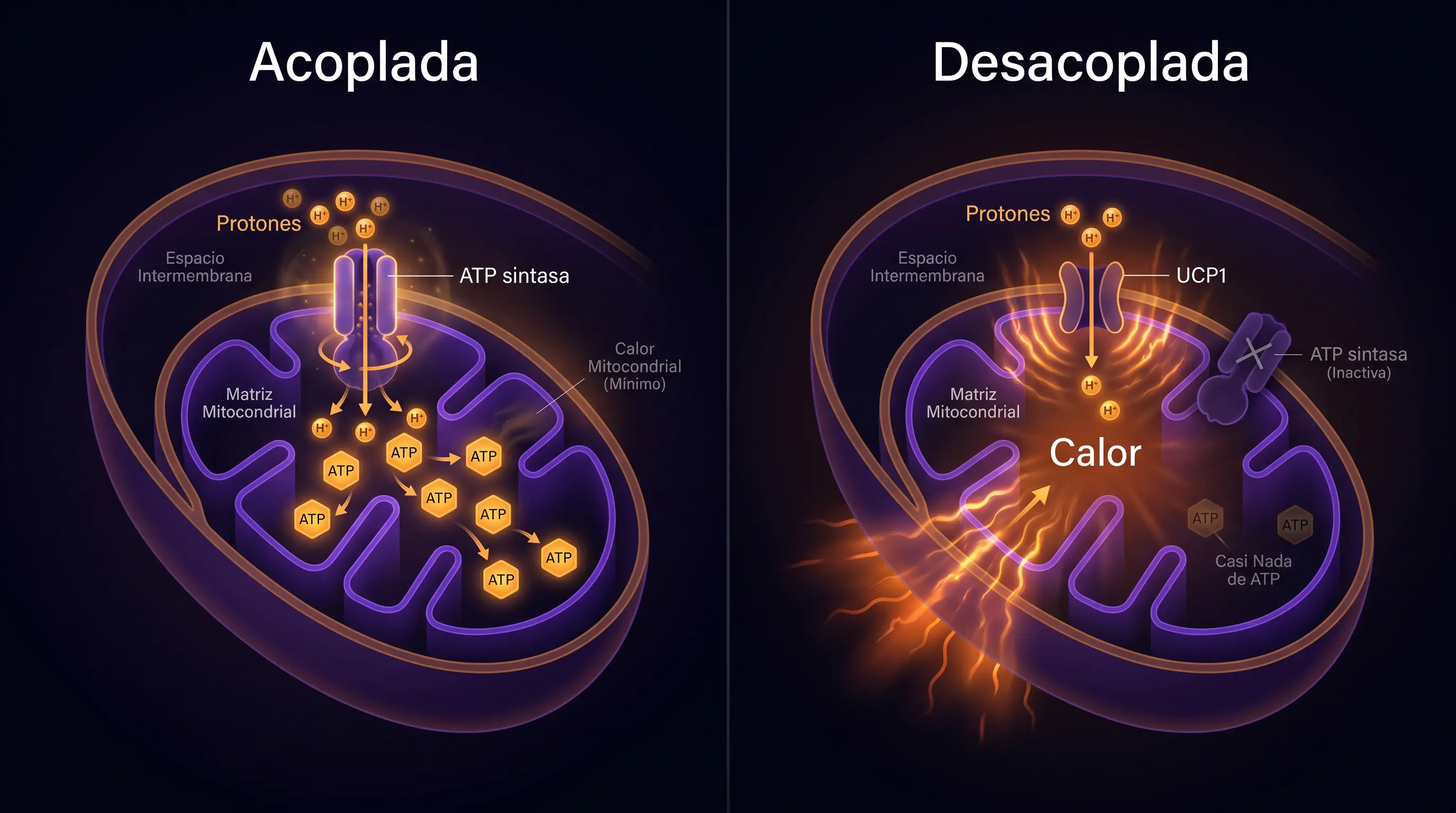 Diagrama que compara una mitocondria acoplada, donde los protones pasan por la ATP sintasa y generan ATP, con una desacoplada, donde los protones se fugan por la UCP1 y la energía sale como calor.
