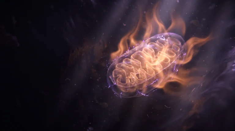 Una mitocondria translúcida irradia ondas de calor naranja hacia un fondo oscuro mientras protones violetas se fugan de su membrana, una representación del desacoplamiento mitocondrial.