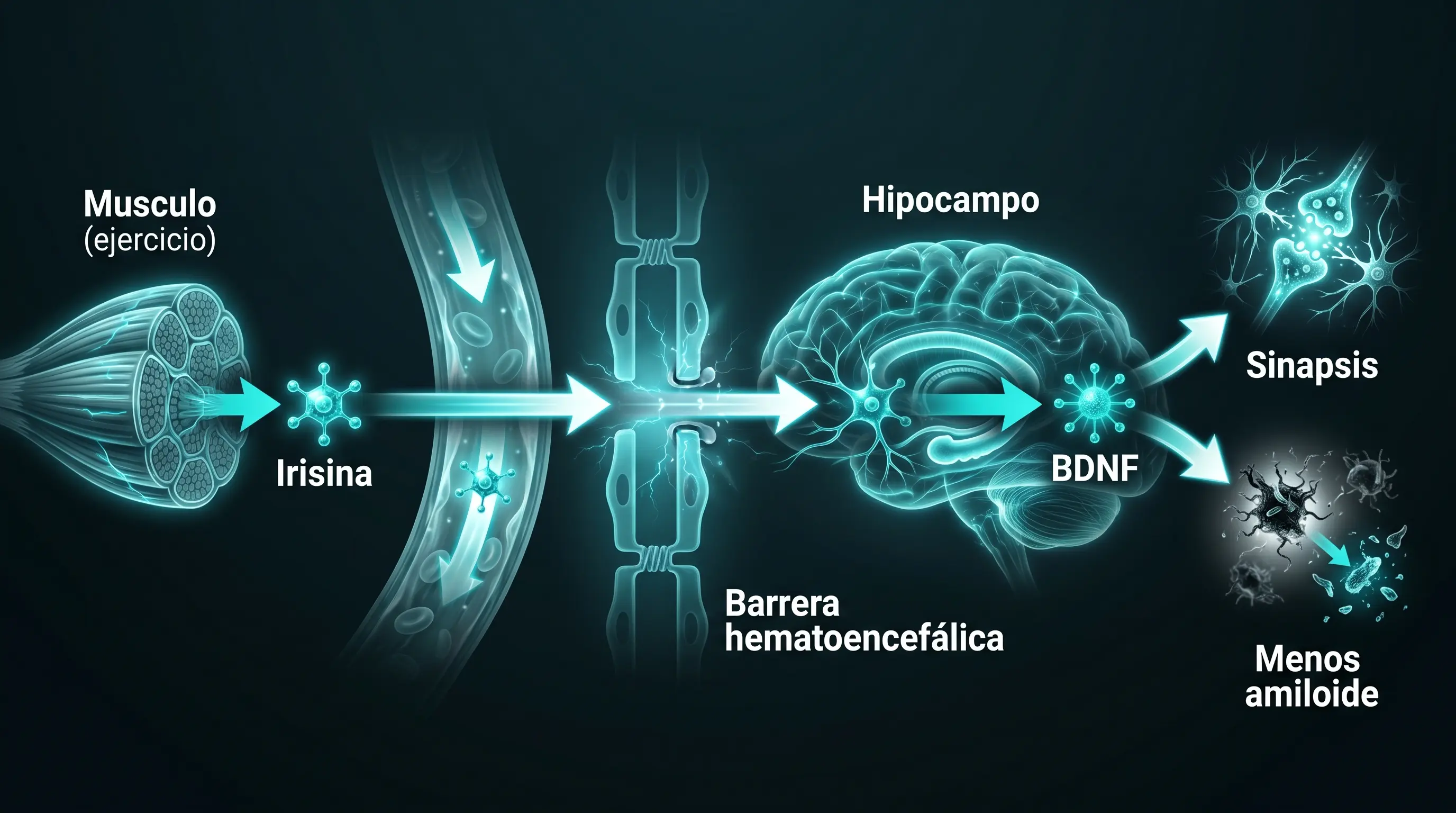 Diagrama del eje irisina-BDNF: el m&uacute;sculo libera irisina con el ejercicio, cruza la barrera hematoencef&aacute;lica, llega al hipocampo y eleva el BDNF, que sostiene las sinapsis y reduce el amiloide.
