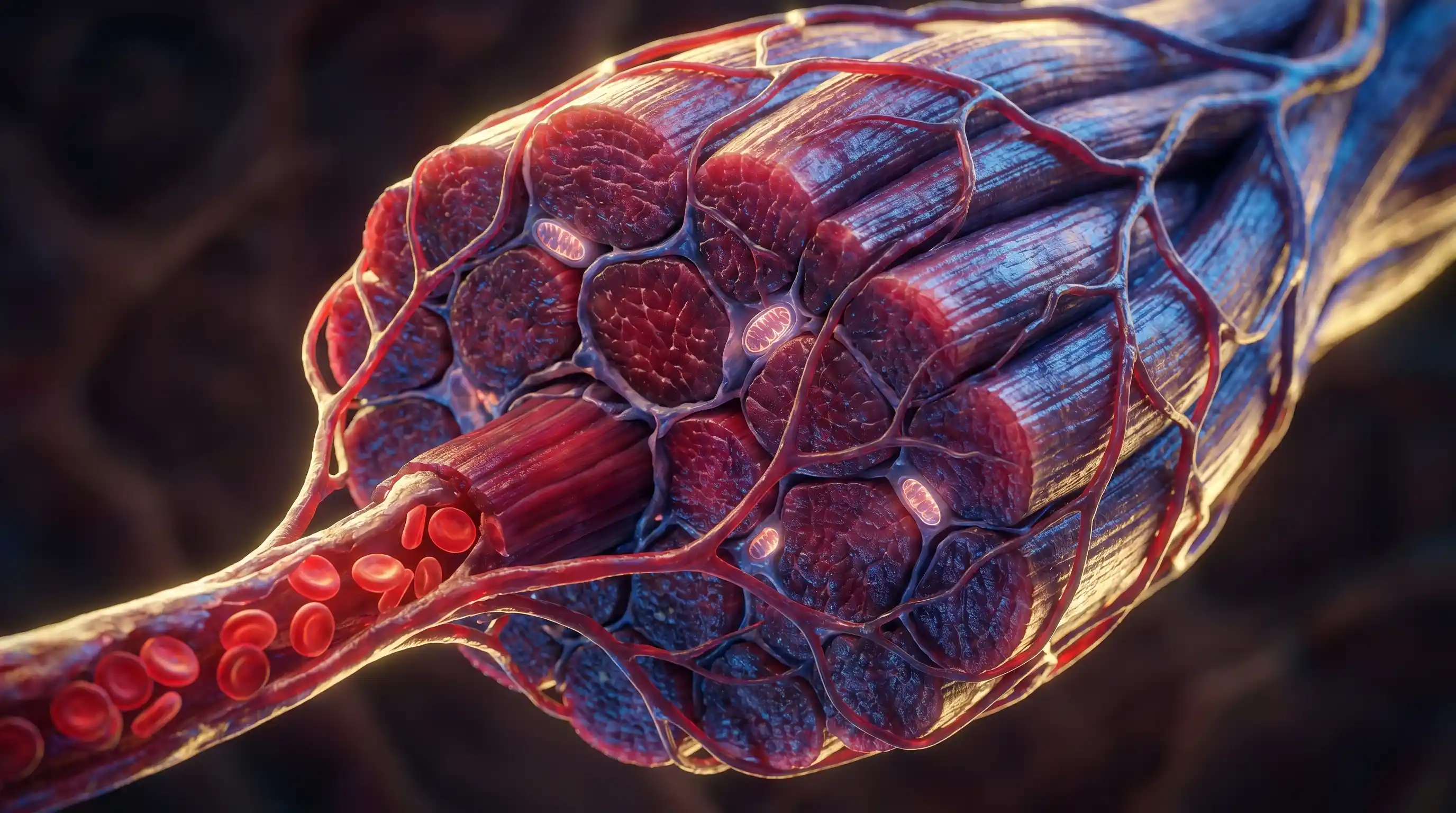 Macrofotografía de fibras de músculo esquelético y capilares con mitocondrias visibles, en tonos cobalto y carmesí, representando el tejido muscular que se busca preservar.