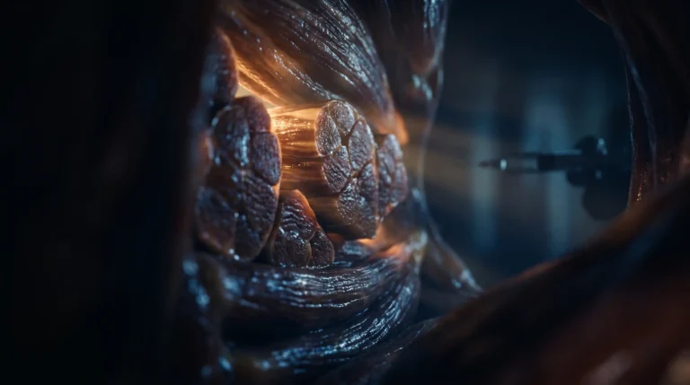 Fibras de músculo esquelético humano en primer plano con la silueta difusa de una pluma de inyección al fondo, ilustrando la pérdida de masa muscular asociada a los GLP-1.