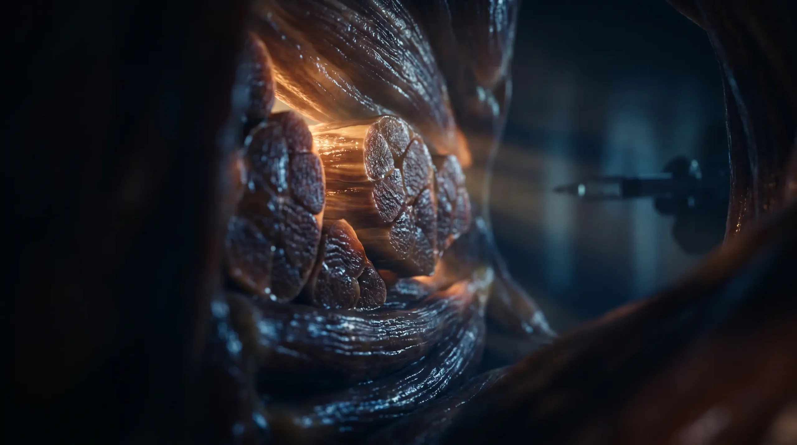 Fibras de músculo esquelético humano en primer plano con la silueta difusa de una pluma de inyección al fondo, ilustrando la pérdida de masa muscular asociada a los GLP-1.