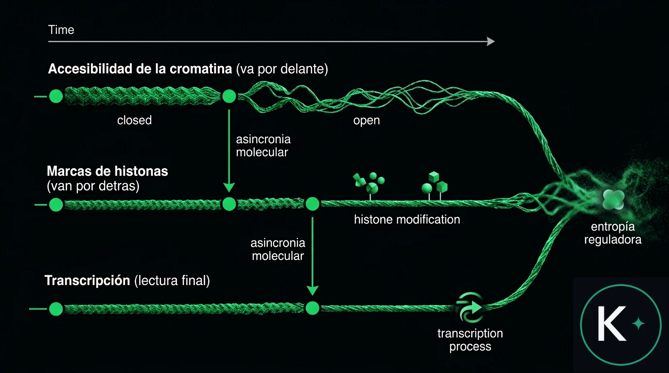 Diagrama de la asincron&iacute;a molecular: la accesibilidad de la cromatina cambia antes, las marcas de histonas despu&eacute;s y la transcripci&oacute;n al final.
