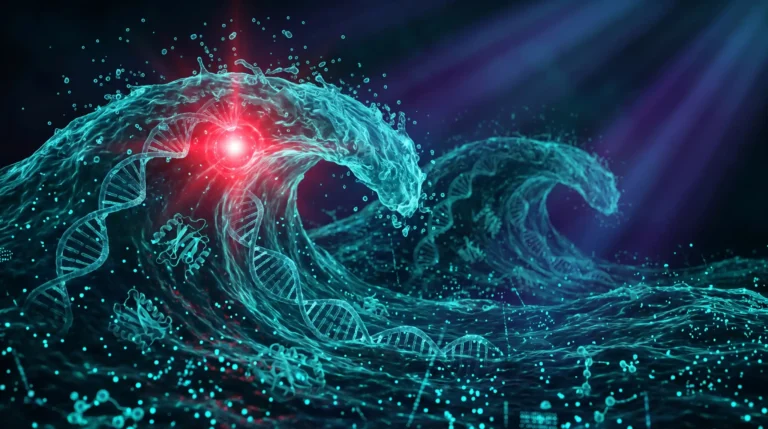 Dos grandes olas de datos moleculares en cian ilustran el envejecimiento no lineal, con un nodo escarlata de alerta encendido en la cresta de la primera ola.