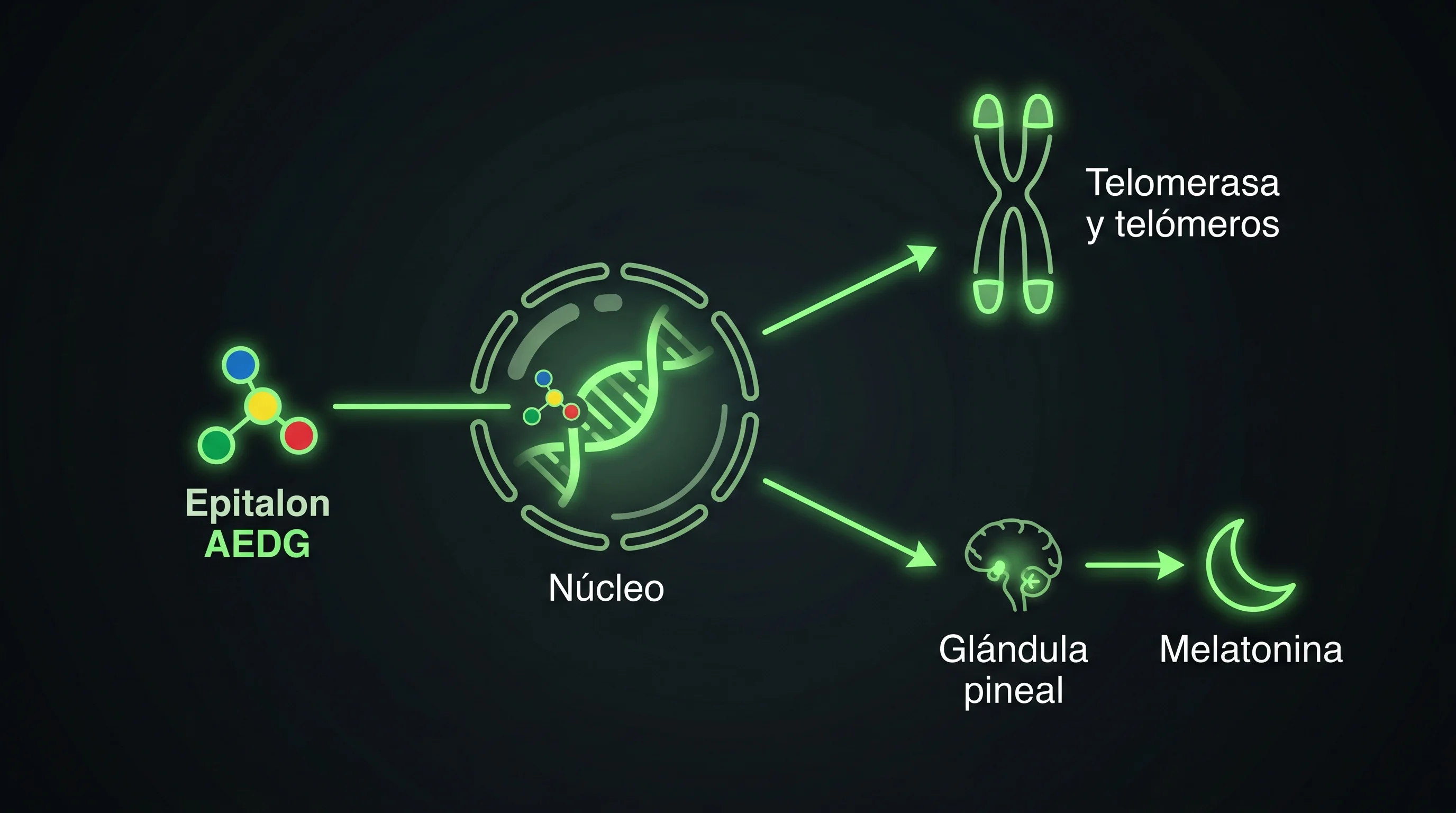 Diagrama del mecanismo propuesto del Epitalon: el péptido entra en el núcleo y se ramifica hacia la telomerasa y los telómeros por un lado y hacia la glándula pineal y la melatonina por otro.