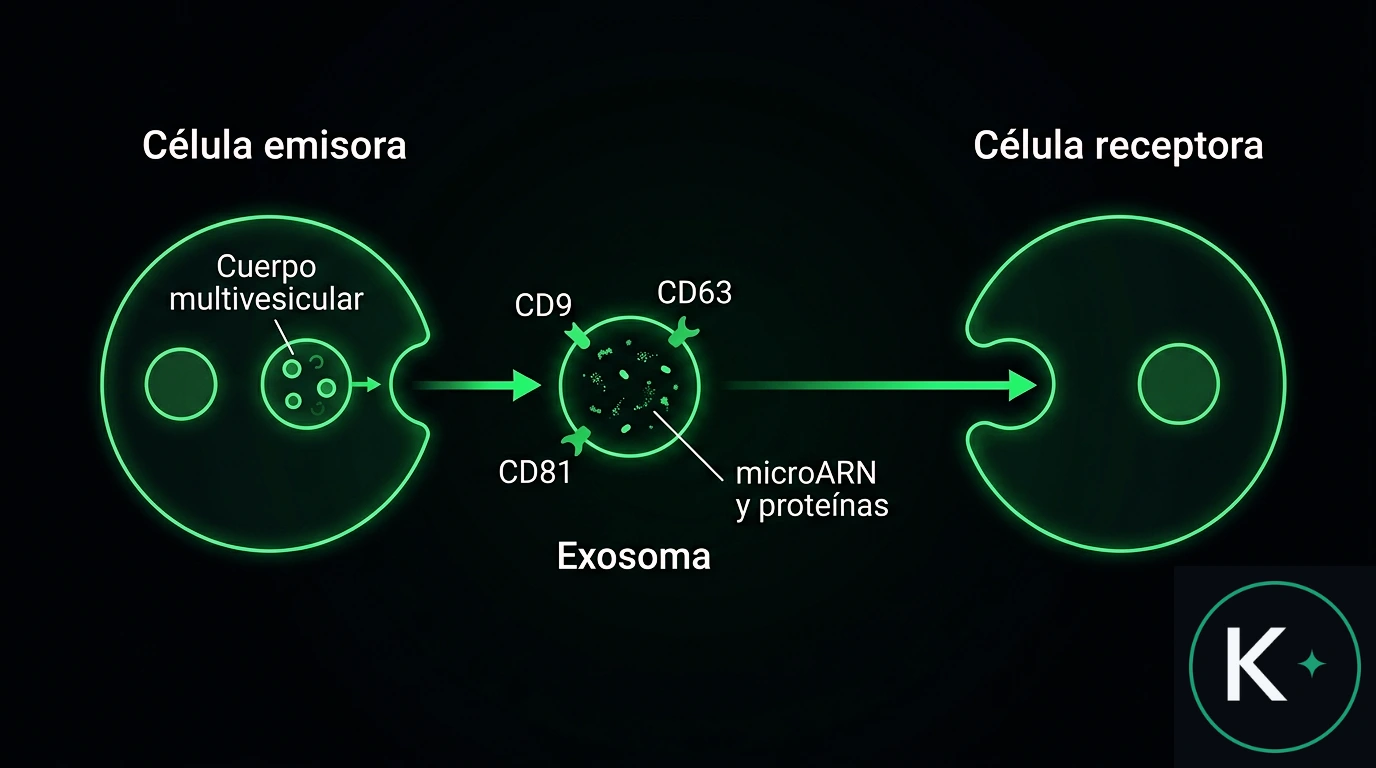 Diagrama de la biog&eacute;nesis del exosoma: una c&eacute;lula forma un cuerpo multivesicular, libera un exosoma con marcadores CD9, CD63 y CD81 y carga de microARN y prote&iacute;nas, que llega a una c&eacute;lula receptora.