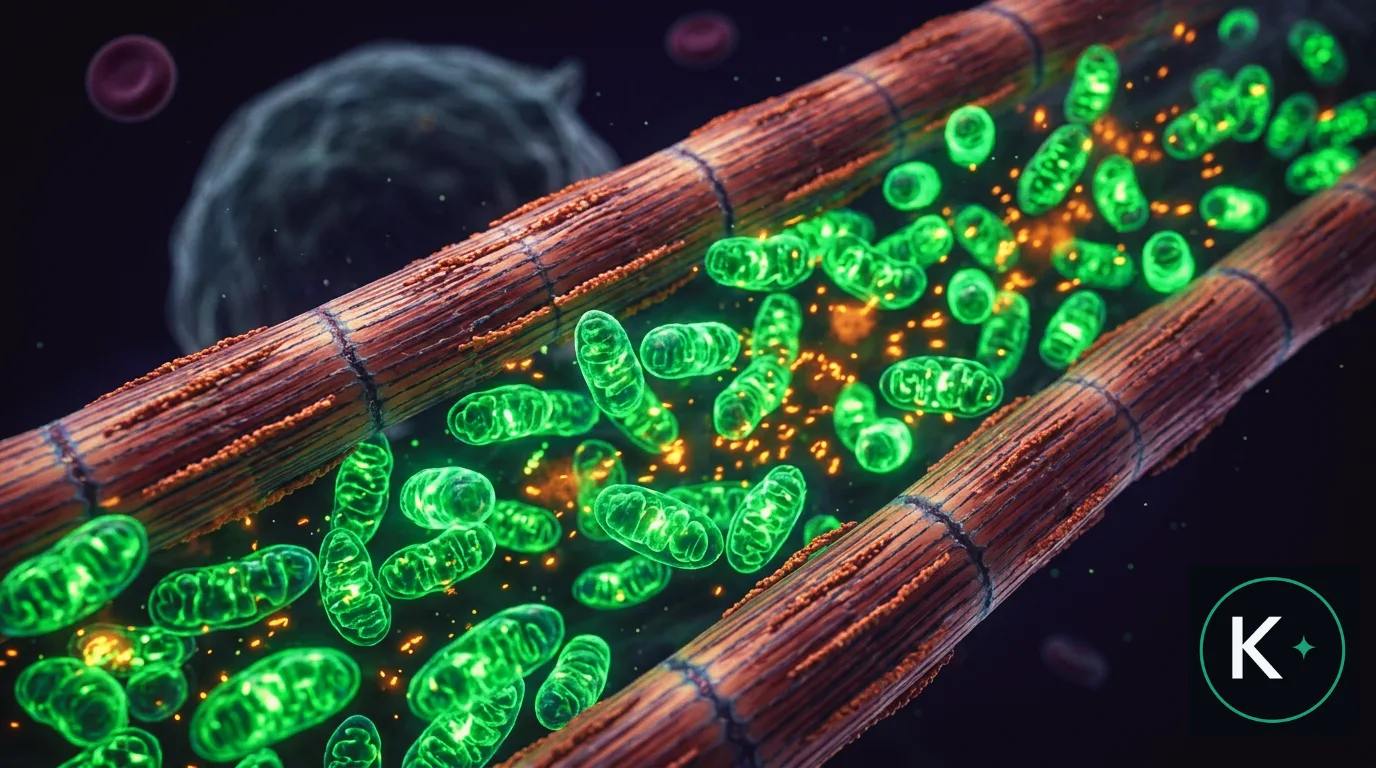 Fibra muscular en esfuerzo densamente poblada de mitocondrias produciendo ATP, en tonos verde esmeralda y ámbar sobre fondo índigo profundo.