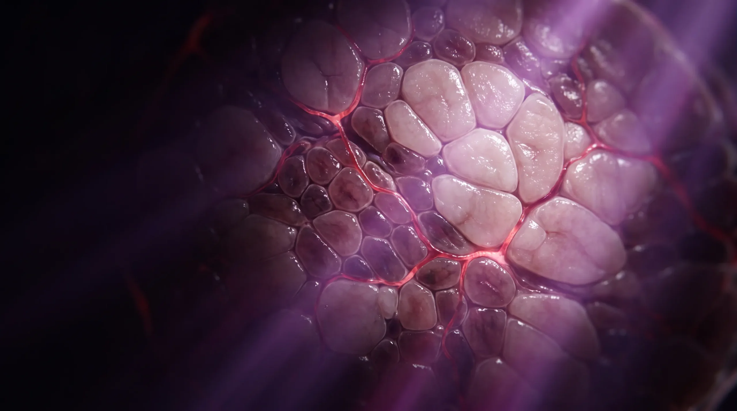 Corte transversal microscopico de musculo esqueletico mostrando un mosaico de fibras de distinto tamano y color, que representa los tipos de fibra muscular I, IIa y IIx.
