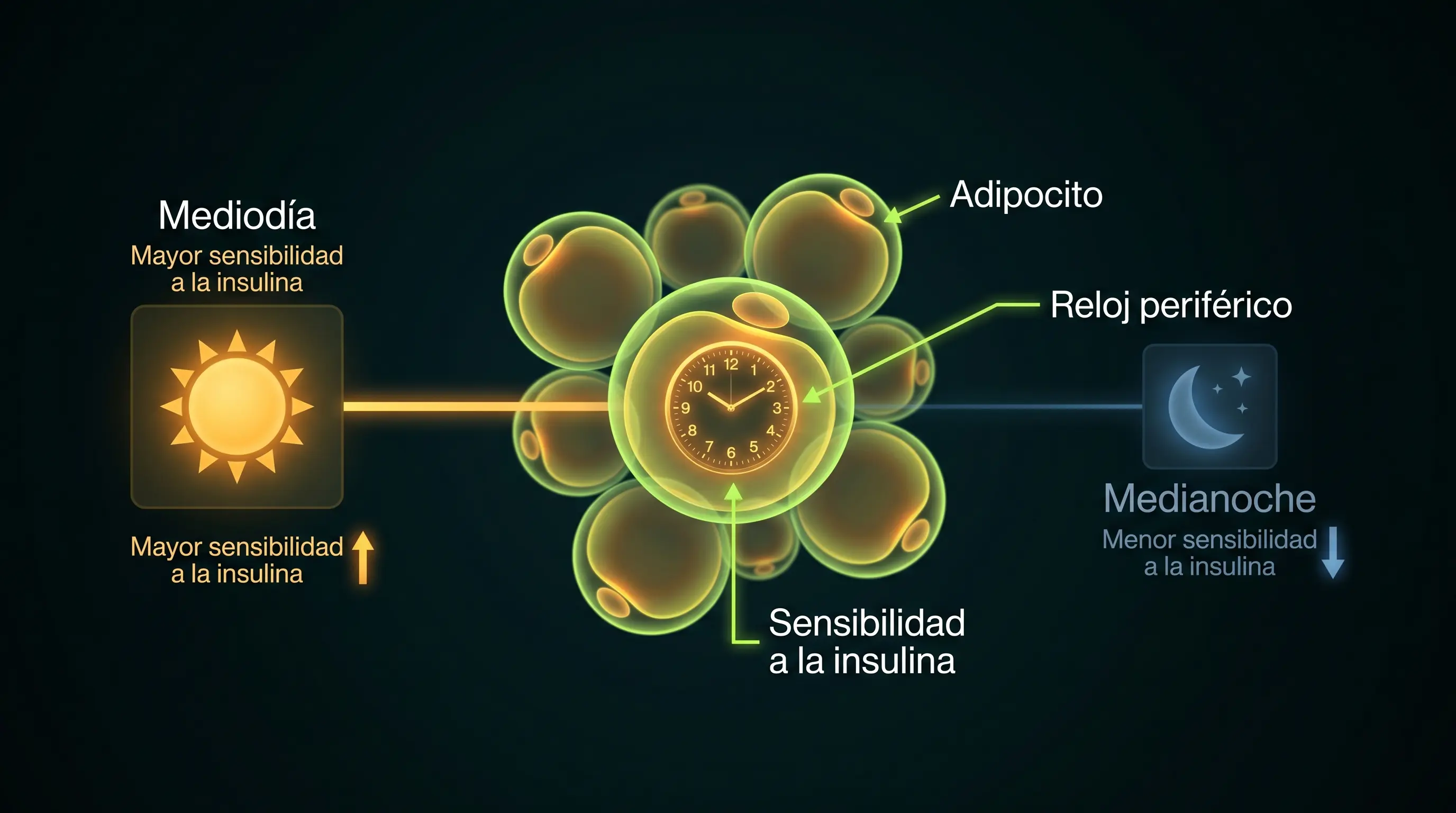 Diagrama de un adipocito con un reloj interno que regula la sensibilidad a la insulina, mayor a mediod&iacute;a y menor a medianoche, uno de los hallazgos del grupo de Garaulet.