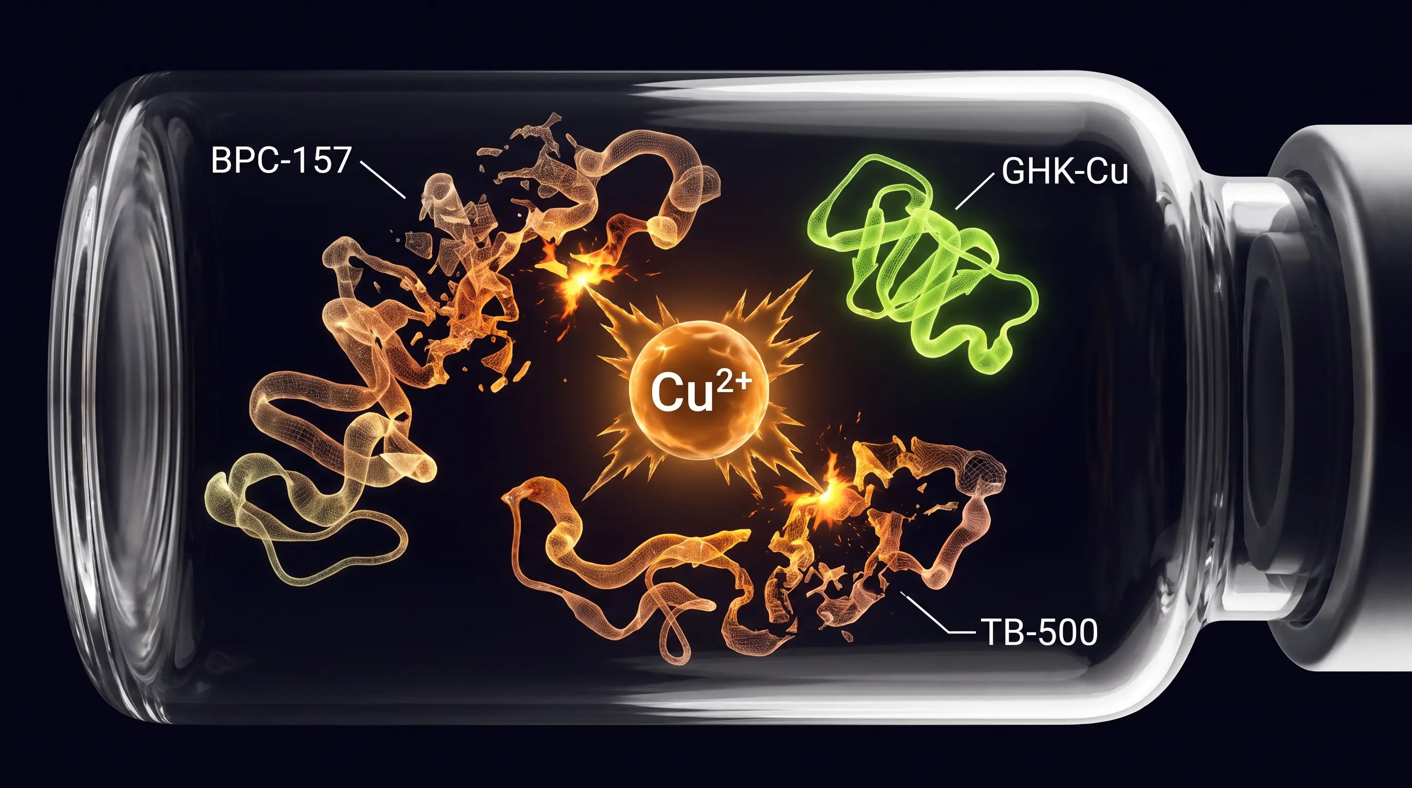 Ilustración del ión de cobre del GHK-Cu oxidando y rompiendo otros péptidos mezclados en el mismo vial, mientras el GHK-Cu permanece intacto.