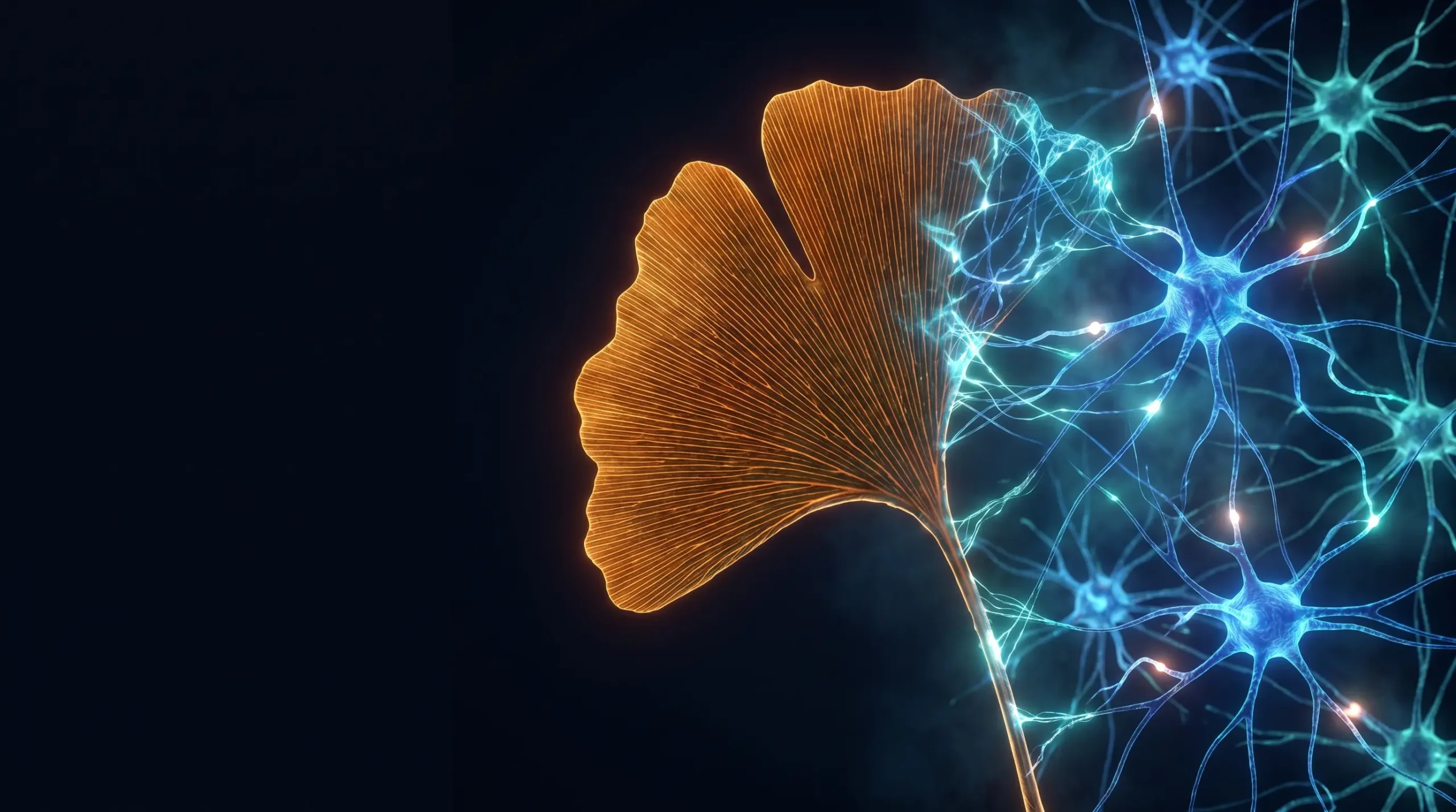 Hoja de ginkgo biloba cuyas nervaduras se transforman en una red de neuronas y sinapsis sobre fondo oscuro.