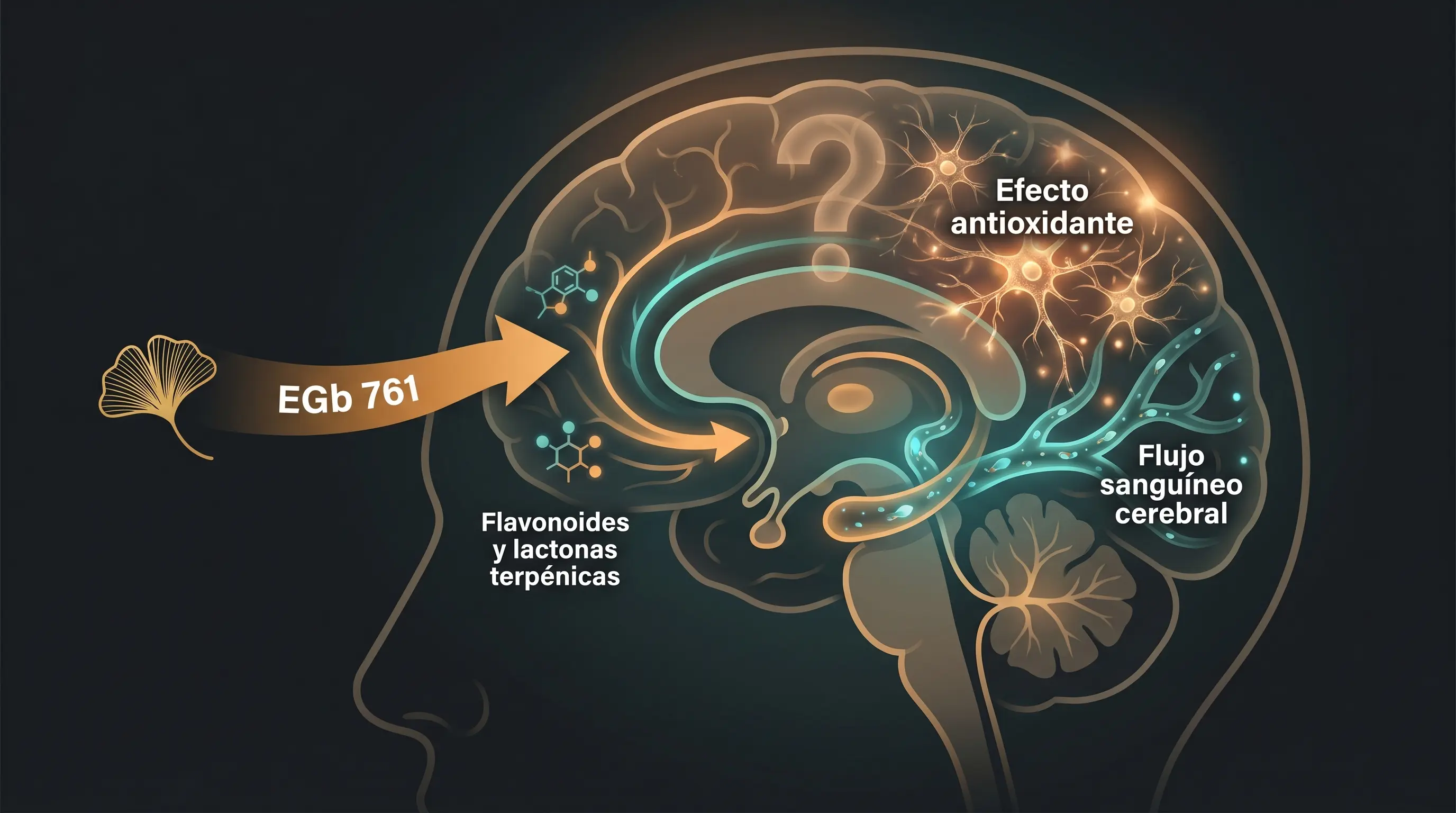Diagrama de un cerebro con el extracto EGb 761 del ginkgo, sus flavonoides y lactonas terp&eacute;nicas, su efecto antioxidante y su acci&oacute;n sobre el flujo sangu&iacute;neo cerebral.