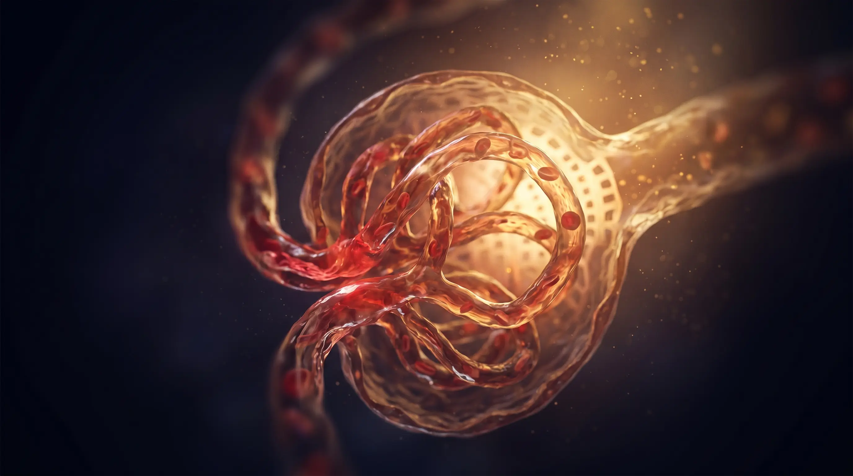 Primer plano de un glomérulo renal con el plasma filtrándose a través del ovillo capilar, la unidad donde se produce la hiperfiltración glomerular.
