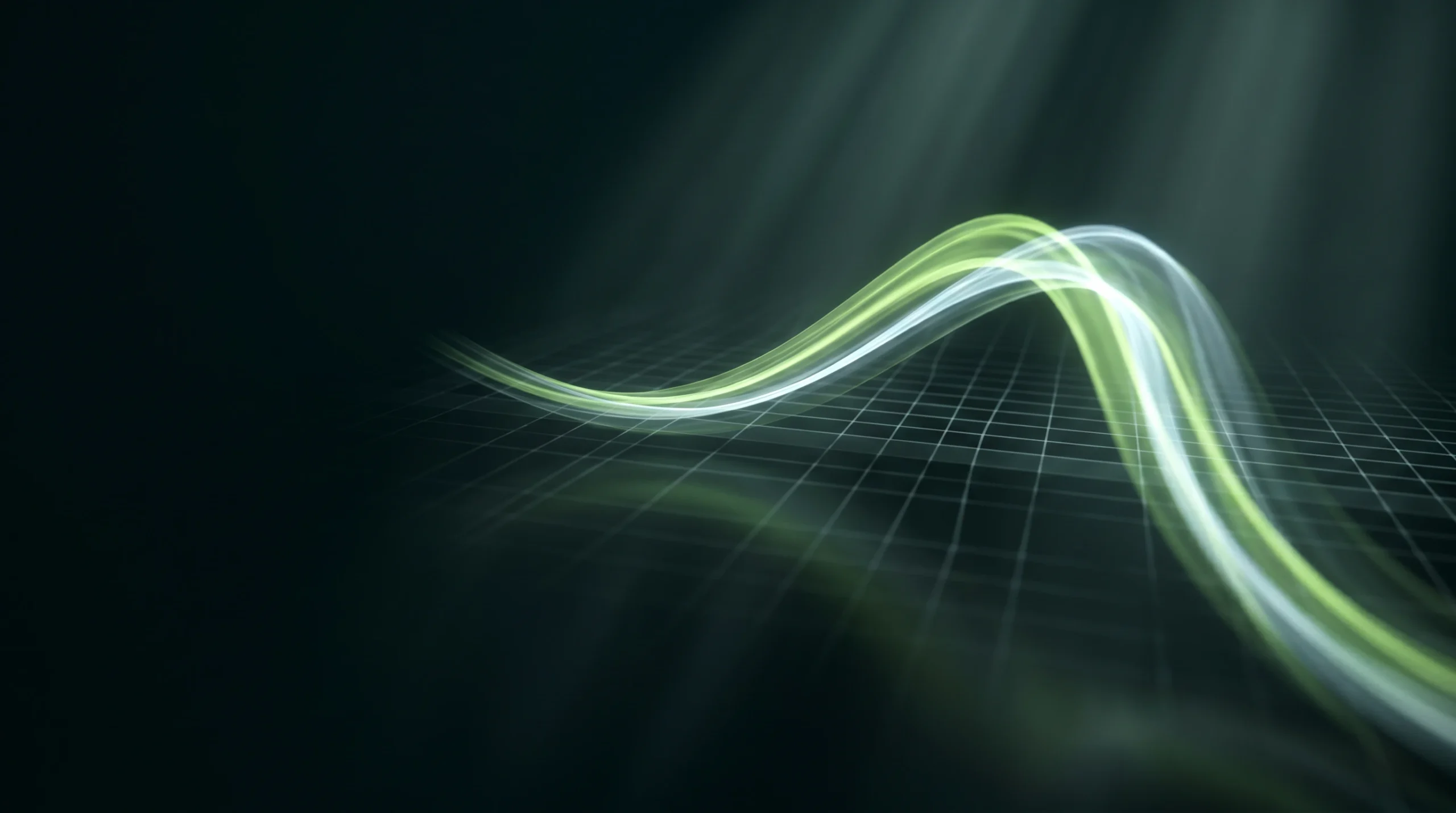 Visualización editorial de una curva de glucosa en forma de onda de luz sobre una rejilla oscura, que representa un pico de azúcar que se puede aplanar.
