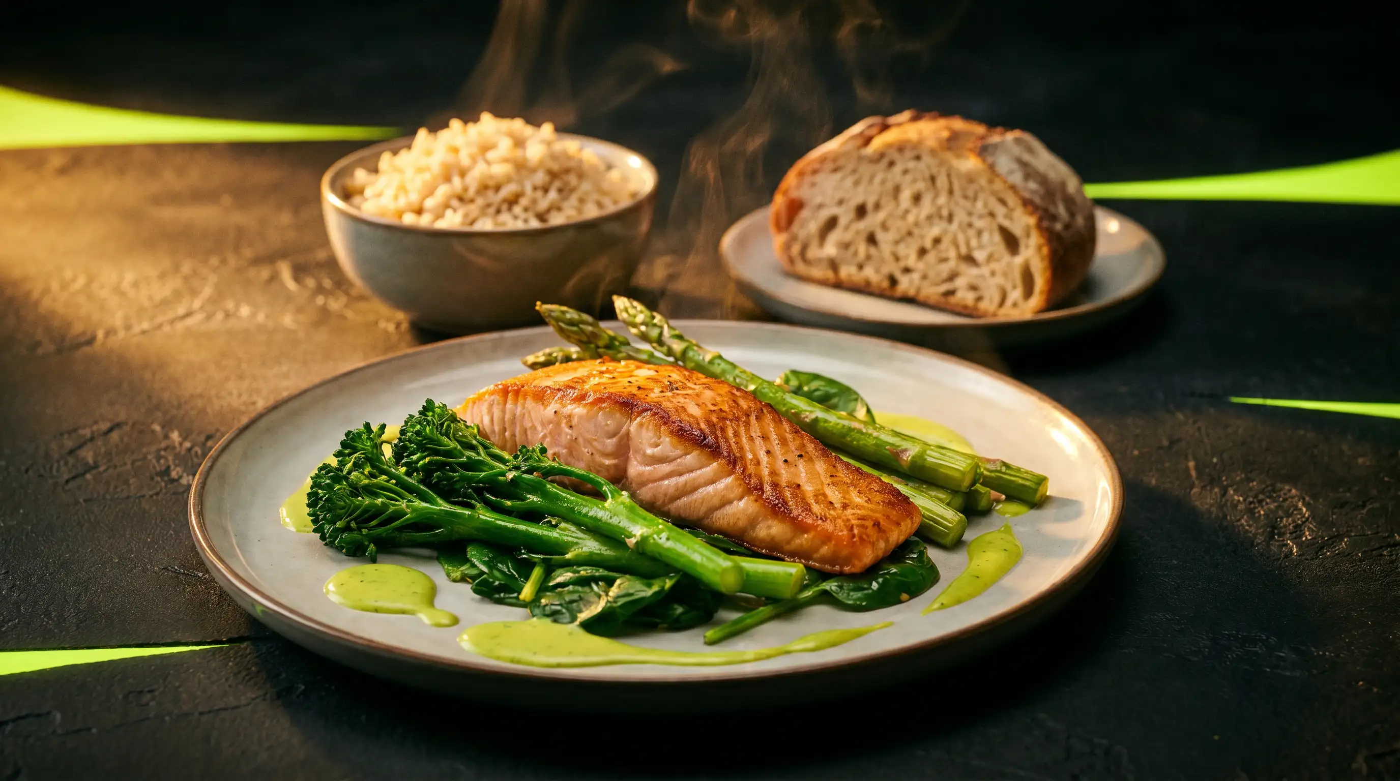 Plato con verdura y prote&iacute;na en primer plano y una peque&ntilde;a porci&oacute;n de pan o arroz detr&aacute;s, que representa comer fibra y prote&iacute;na antes que los carbohidratos.