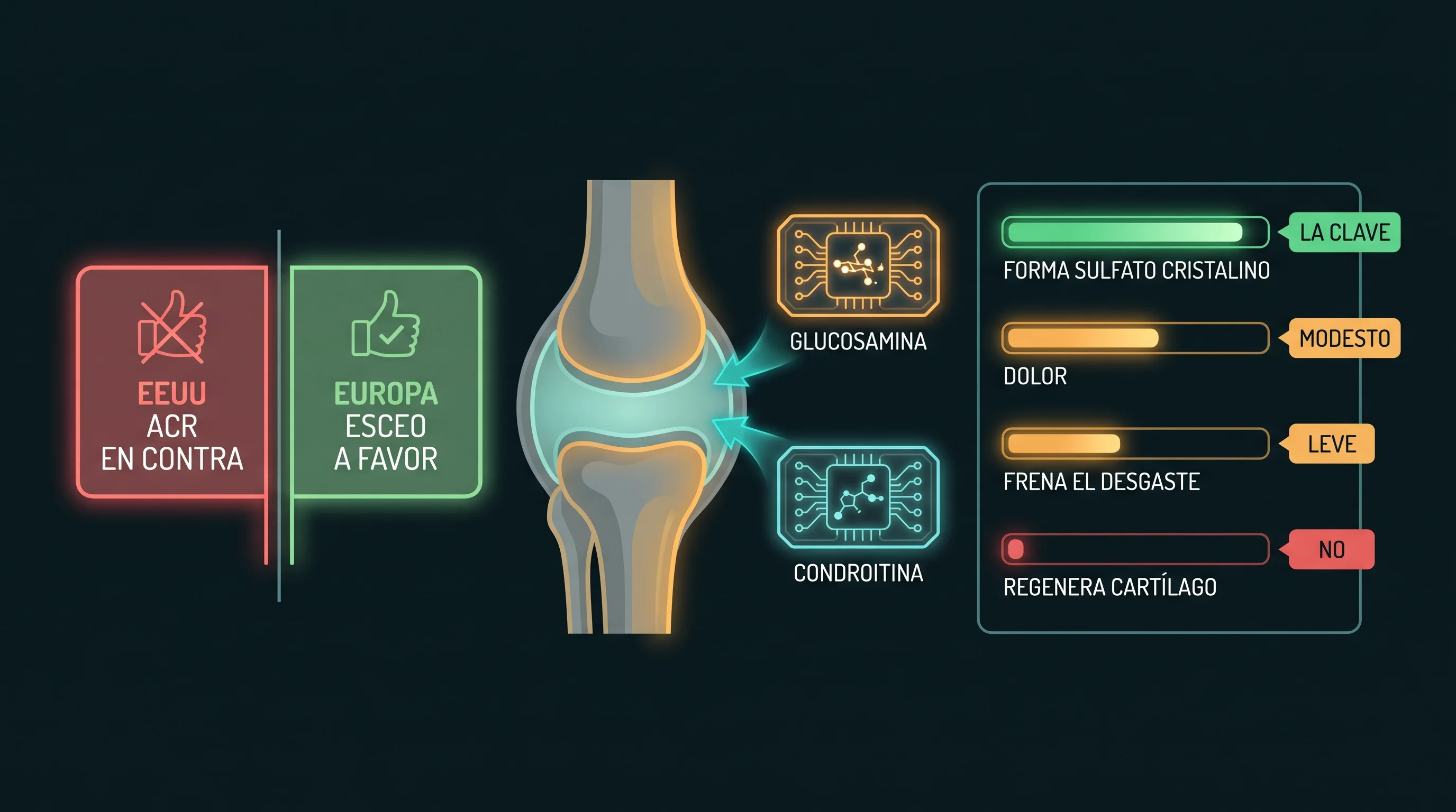 Diagrama que muestra la glucosamina y la condroitina actuando sobre el cart&iacute;lago, con las gu&iacute;as de Estados Unidos en contra y las de Europa a favor del sulfato cristalino, un efecto modesto sobre el dolor y el desgaste, y la nota de que no regenera el cart&iacute;lago.