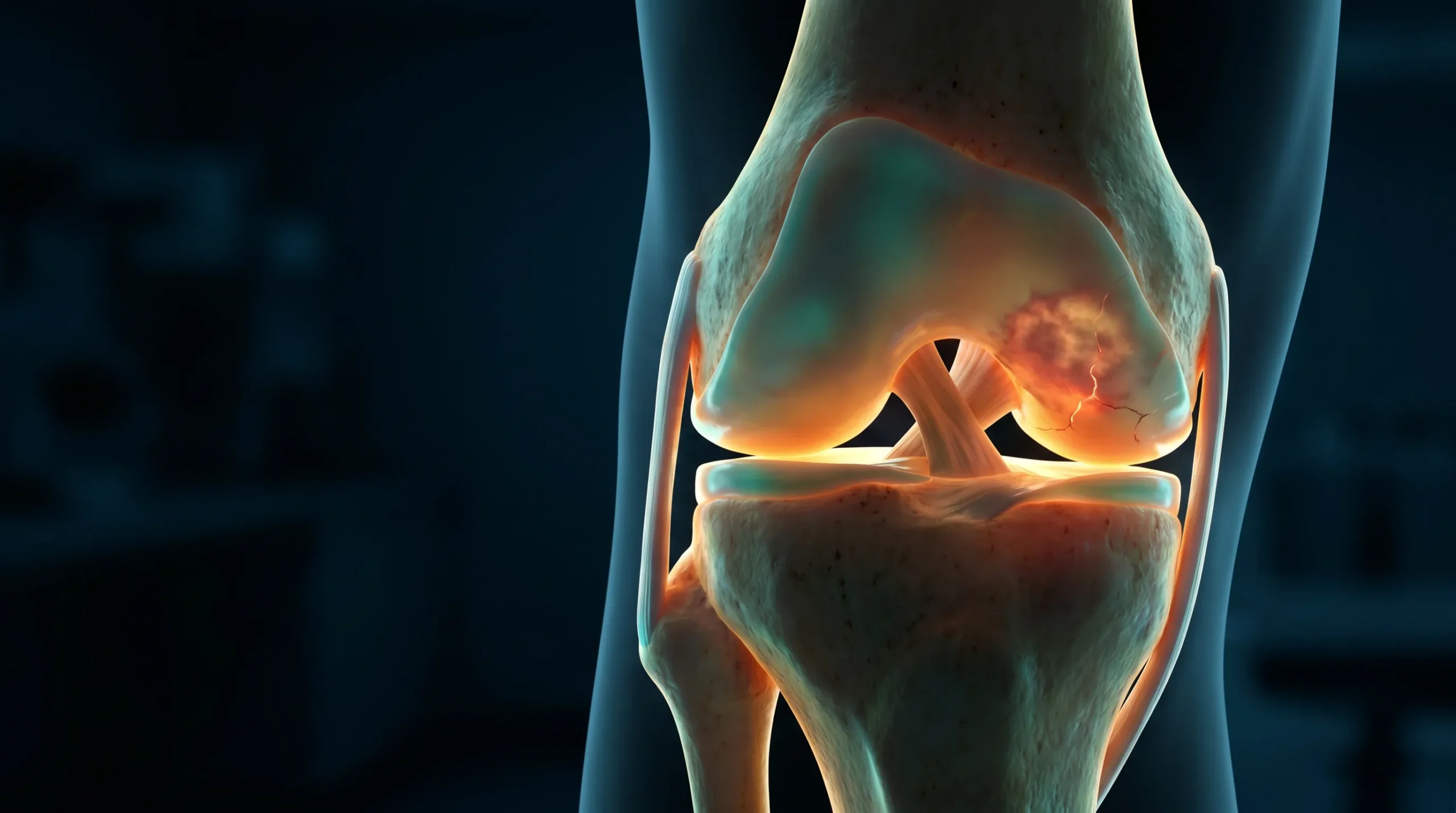 Render anatómico de una rodilla en sección que muestra la capa de cartílago entre los huesos, con una zona desgastada y adelgazada propia de la artrosis.