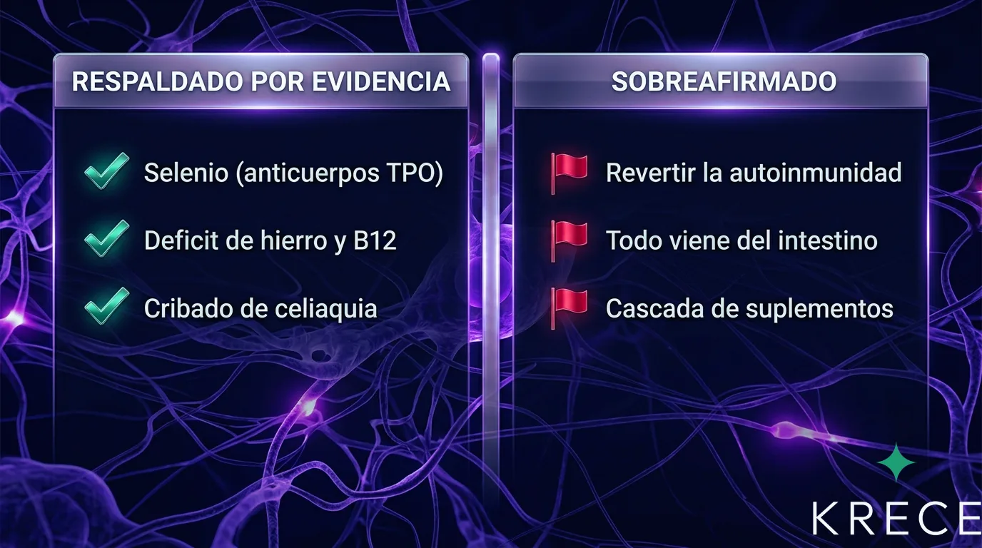 Diagrama de dos columnas que separa los claims de Izabella Wentz con respaldo (selenio, hierro, cribado de celiaqu&iacute;a) de los que sobreafirma (revertir la autoinmunidad, todo viene del intestino, la cascada de suplementos).