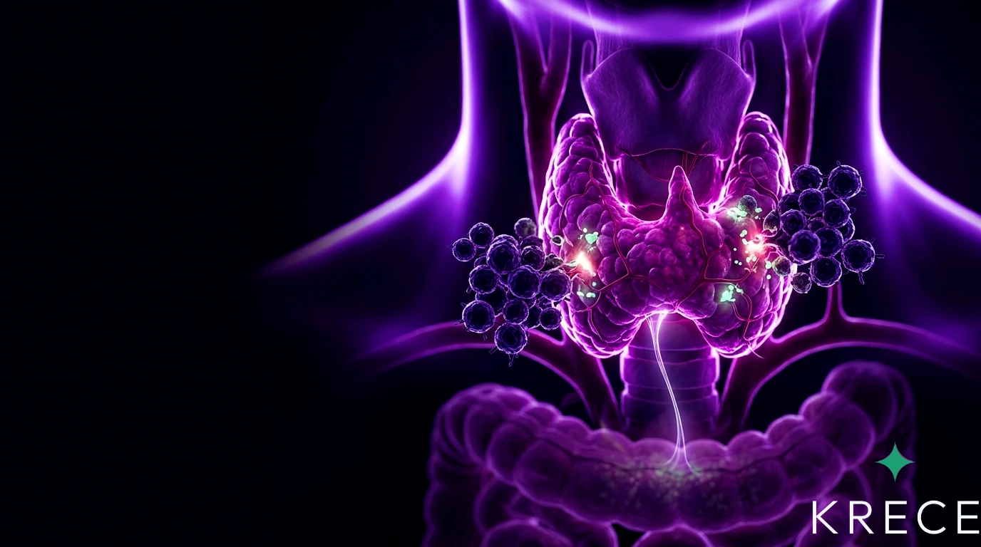 Glándula tiroides en forma de mariposa rodeada de células inmunes que la atacan, con una conexión tenue hacia el intestino, sobre fondo oscuro.