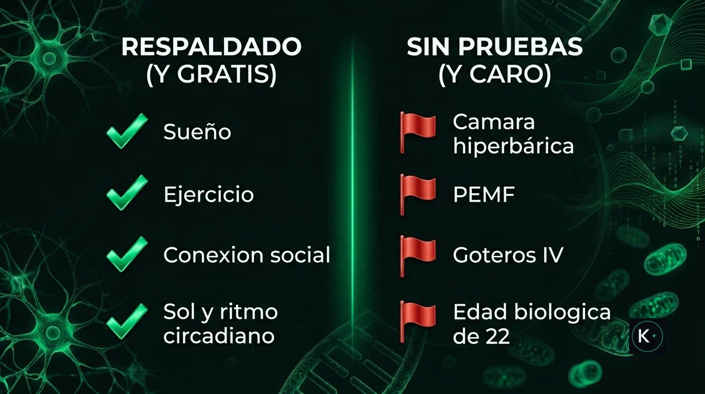 Diagrama de dos columnas que separa lo respaldado y gratis (sueño, ejercicio, conexión social, sol) de lo experimental y caro (cámara hiperbárica, PEMF, goteros, edad biológica de 22).