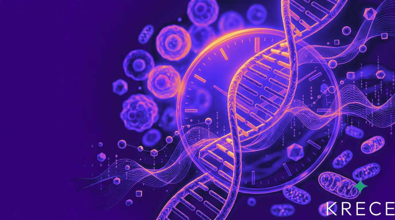 Hélice de ADN luminosa entrelazada con un reloj y datos de biomarcadores sobre fondo oscuro, símbolo de la medición de la edad biológica.