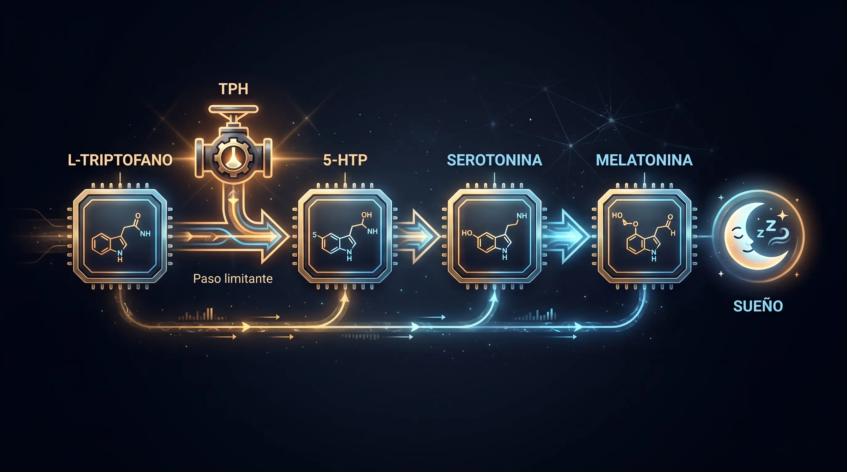 Diagrama de la ruta del L-triptófano a 5-HTP, serotonina y melatonina, con la enzima TPH marcada como el paso limitante que controla cuánta serotonina se fabrica.