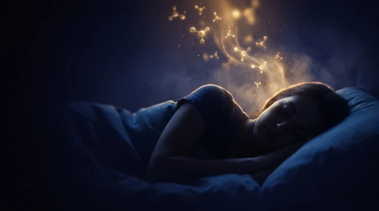 Silueta durmiendo en azul profundo con partículas doradas ascendiendo desde la cabeza, evocando serotonina y melatonina.