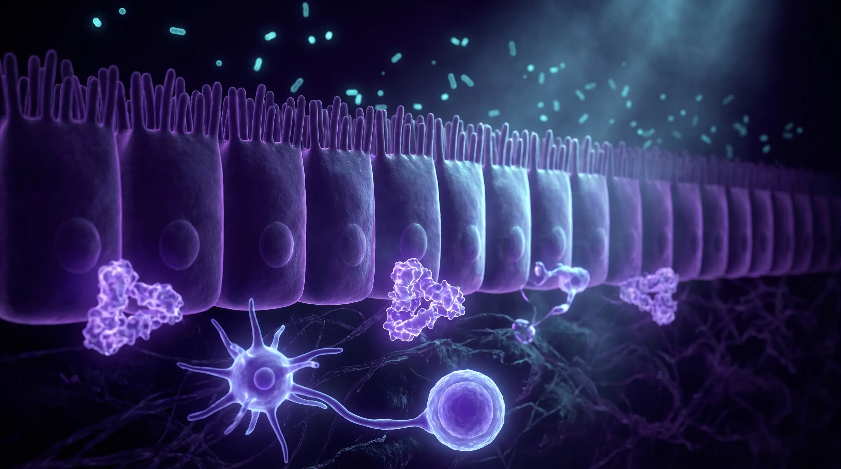 Corte del epitelio intestinal con prote&iacute;nas de lactoferrina en la superficie mucosa interactuando con c&eacute;lulas inmunes bajo la barrera.