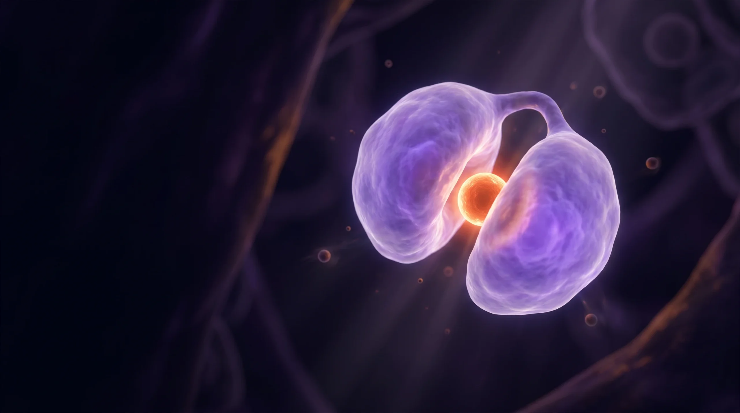Glicoproteína bilobulada con un brillo violeta sujeta un ion de hierro entre sus dos lóbulos sobre un fondo oscuro, representando cómo la lactoferrina secuestra el hierro.