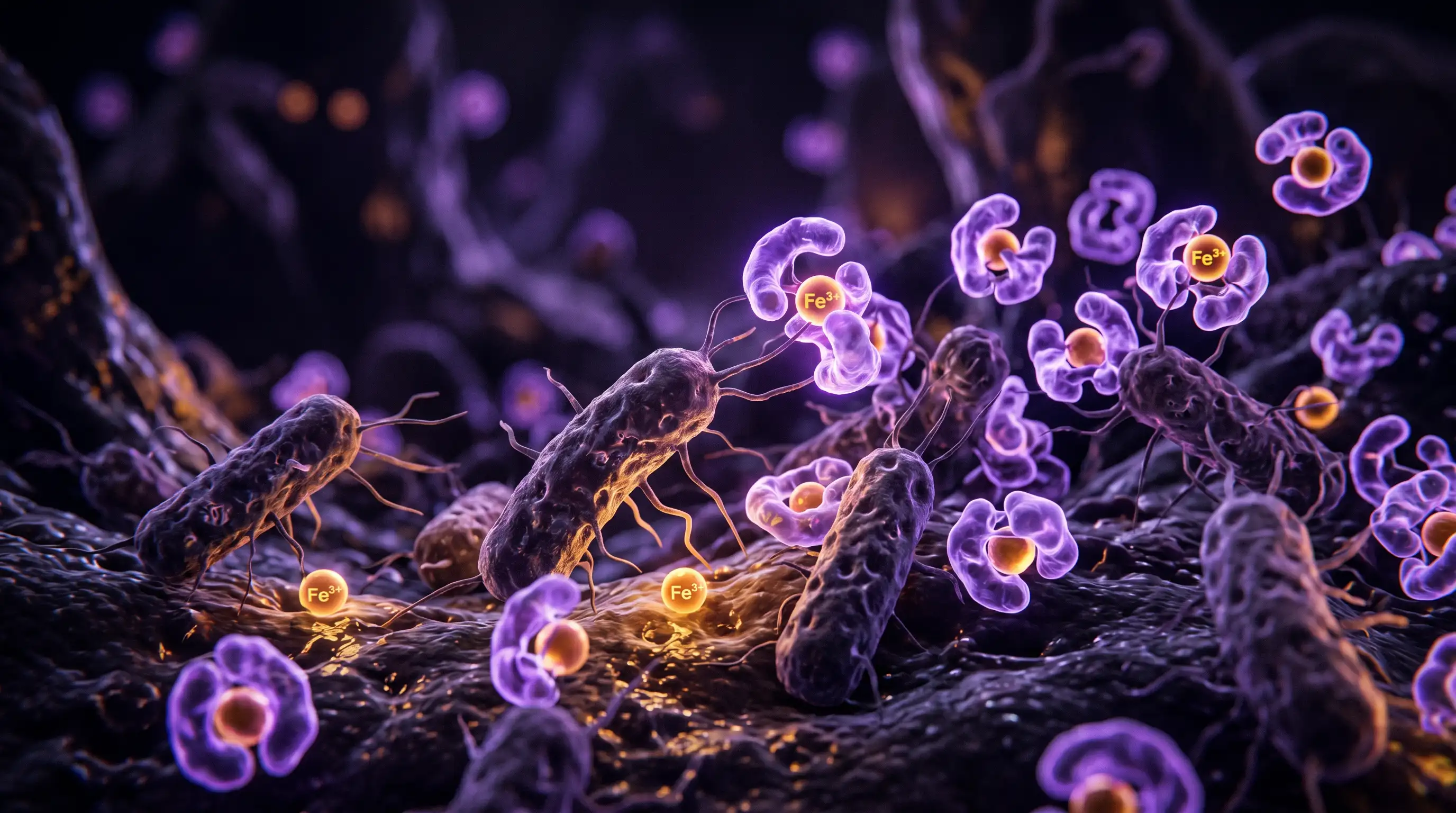 Bacterias debilitadas intentan captar hierro mientras prote&iacute;nas de lactoferrina se lo arrebatan, ilustrando la acci&oacute;n antimicrobiana por privaci&oacute;n de hierro.