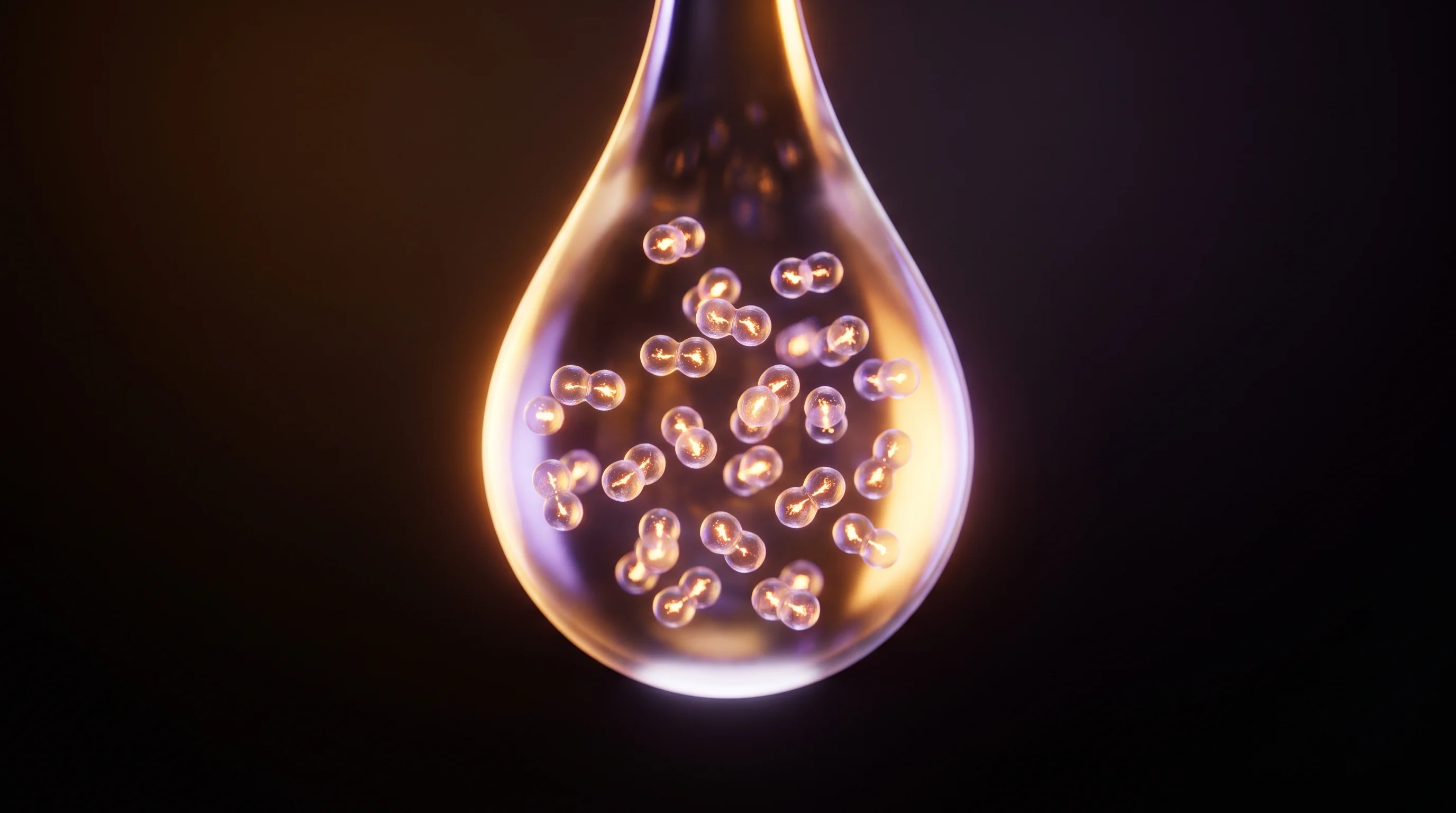 Gota de leche o calostro iluminada que contiene decenas de peque&ntilde;as prote&iacute;nas de lactoferrina brillantes, representando su origen natural.