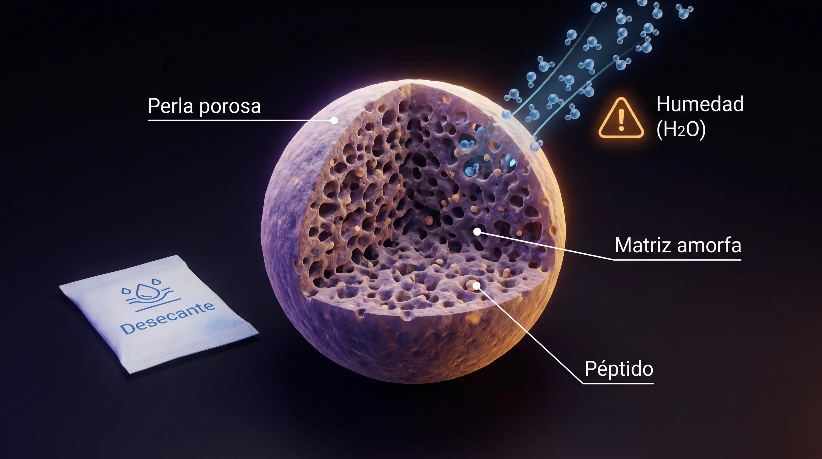 Corte de un lyobead que muestra su matriz amorfa porosa con el péptido, y moléculas de agua de la humedad ambiental penetrando por la superficie junto a un sobre desecante.
