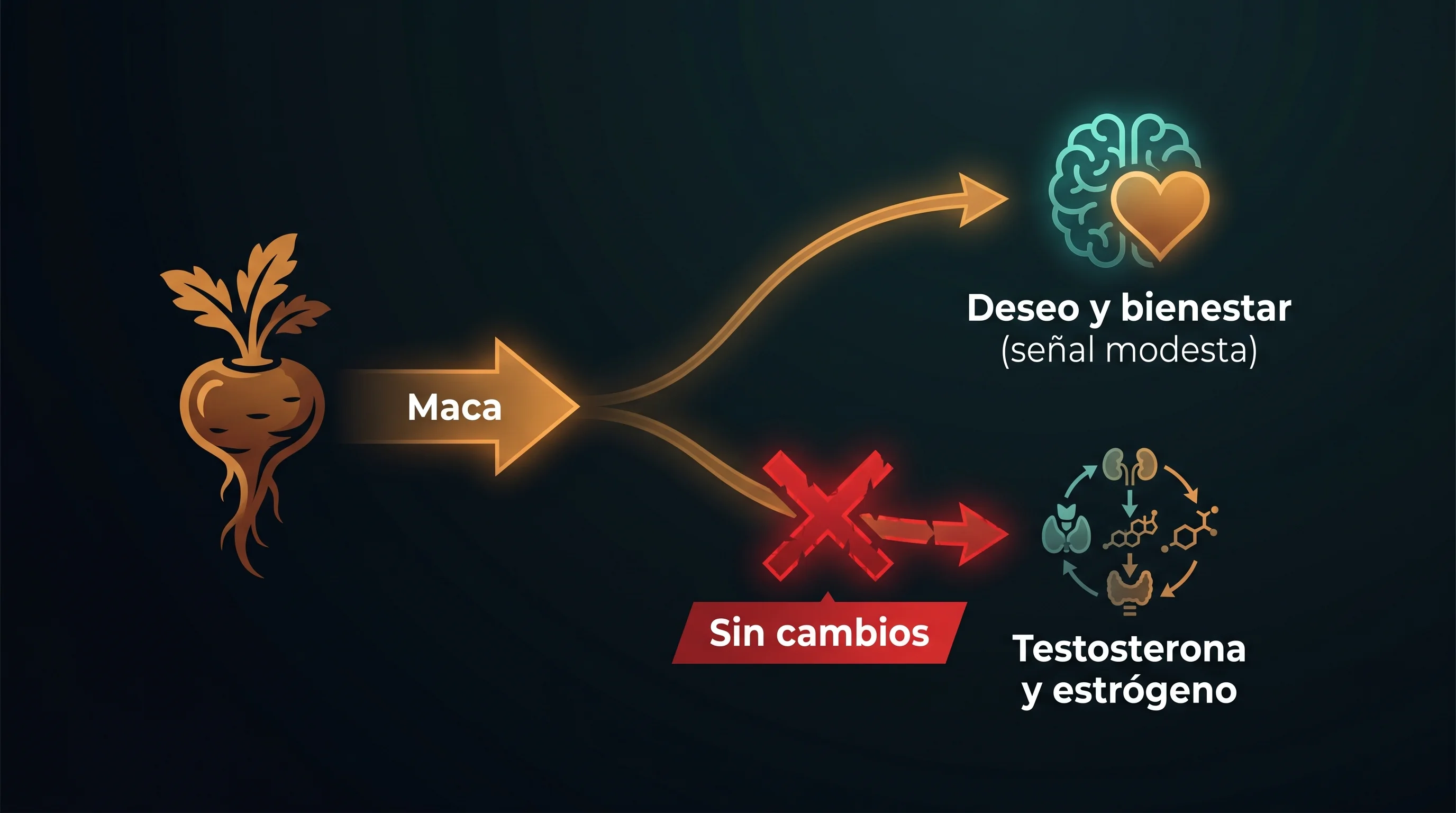 Diagrama de la maca con un efecto modesto sobre el deseo y el bienestar y sin cambios en la testosterona ni el estr&oacute;geno.