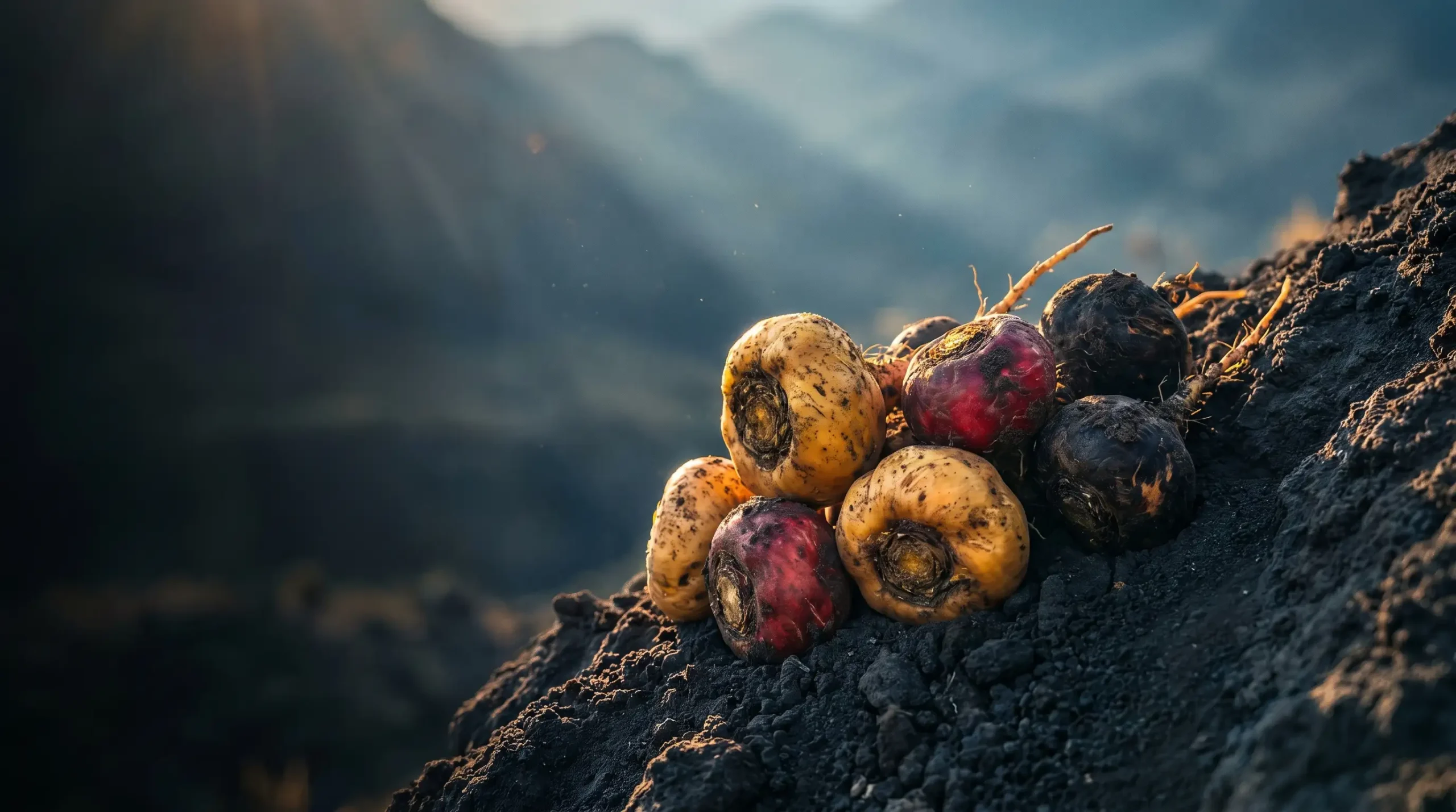 Raíces de maca andina amarillas, rojas y negras sobre tierra volcánica oscura de alta montaña.
