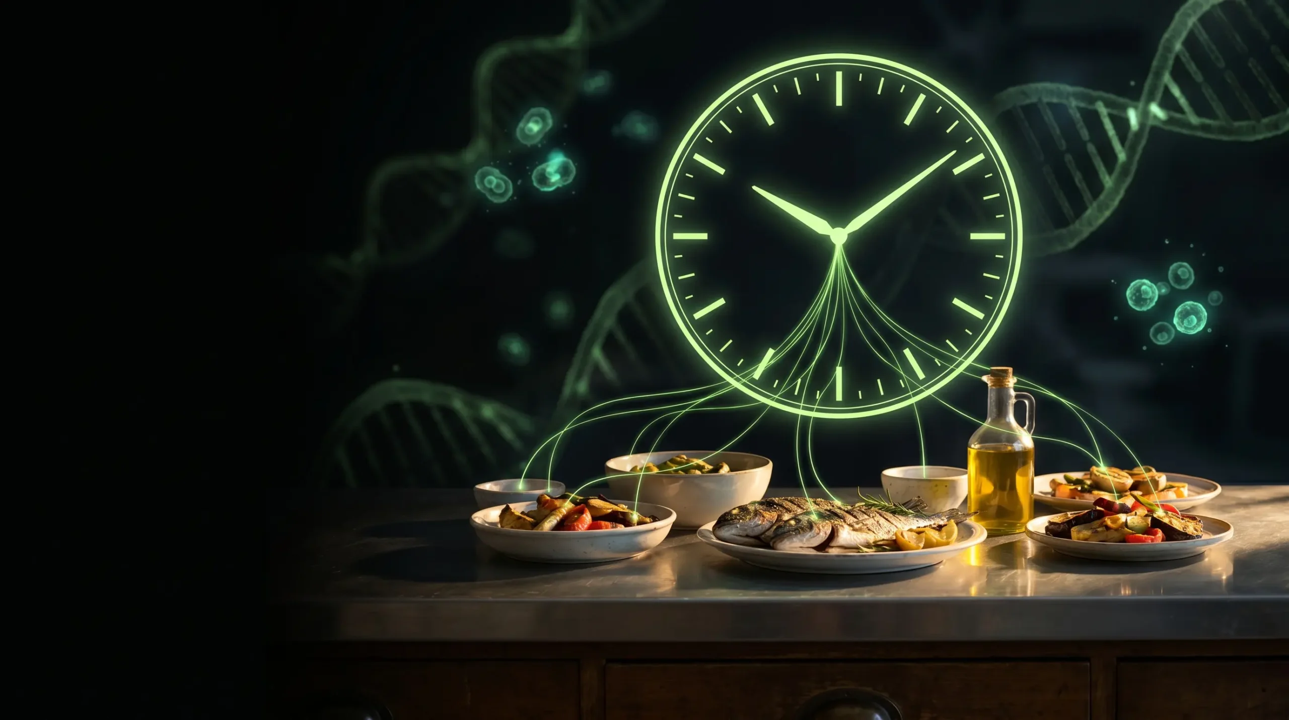 Escena conceptual de cronobiología con un reloj de 24 horas sobre una mesa de laboratorio, una comida mediterránea iluminada por la mañana y hebras de ADN al fondo, sin personas.
