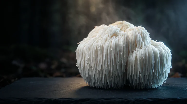 Hongo melena de león blanco con sus largas púas en cascada sobre pizarra oscura, con gotas de agua.