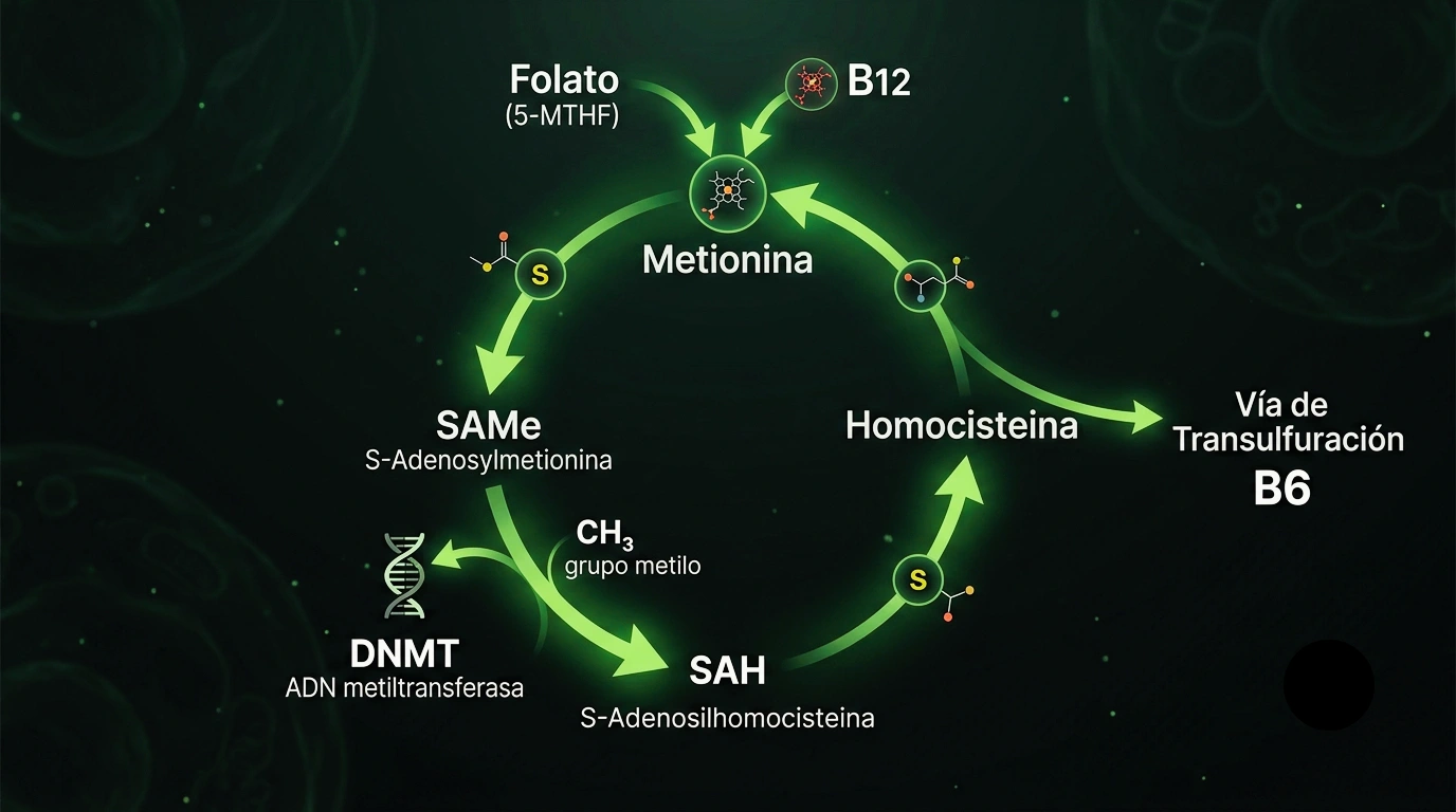 Diagrama del ciclo de un carbono: el folato y la B12 regeneran metionina, que forma SAMe; al ceder el metilo queda homocisteína, que se recicla.