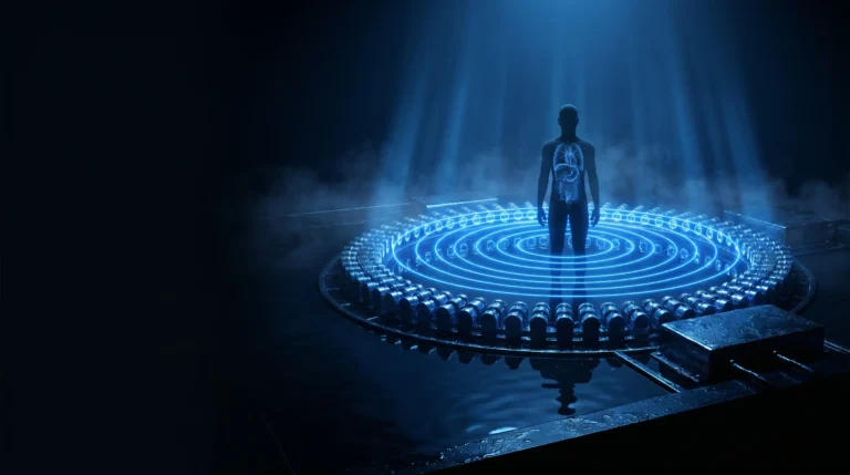 Una figura humana dentro de un anillo de sensores de ultrasonido sumergido en agua, con anillos de luz azul que atraviesan el cuerpo y revelan cortes del interior.