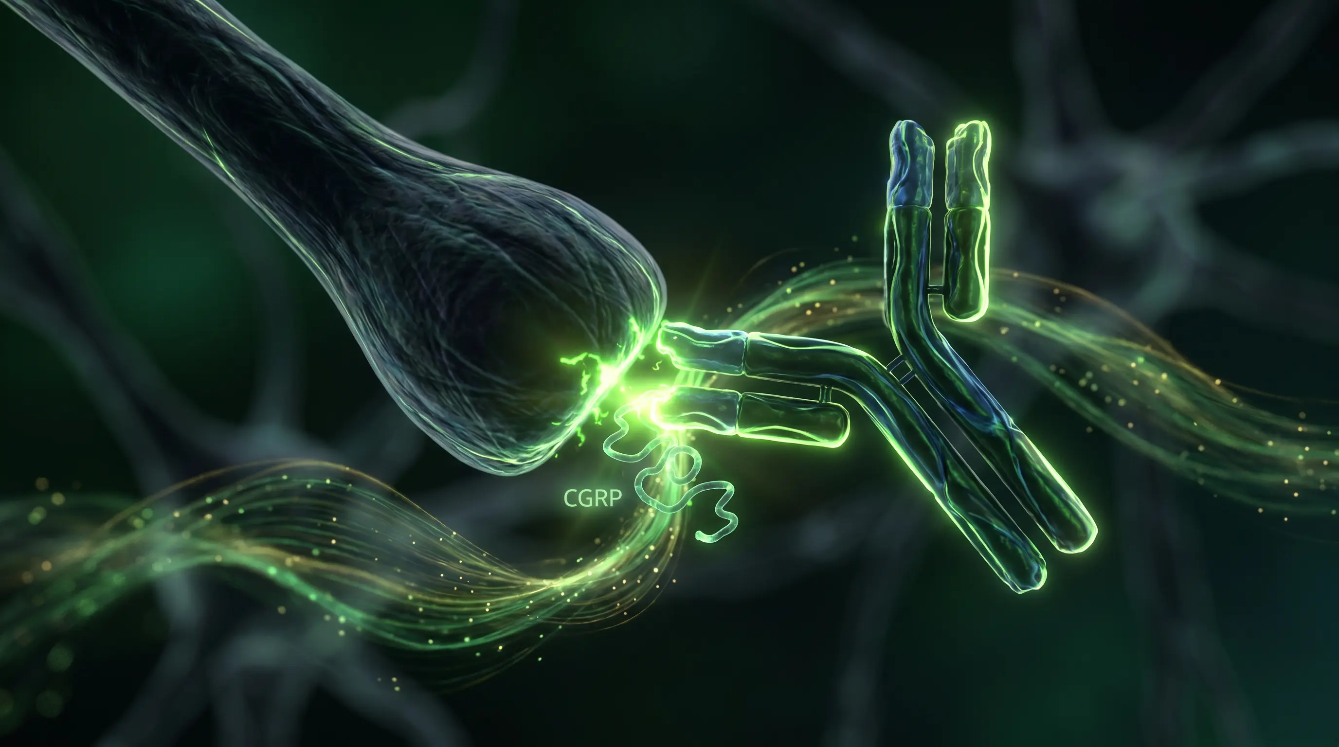 Visualizaci&oacute;n de un anticuerpo uni&eacute;ndose al p&eacute;ptido CGRP, que representa los f&aacute;rmacos anti-CGRP para la prevenci&oacute;n de la migra&ntilde;a.