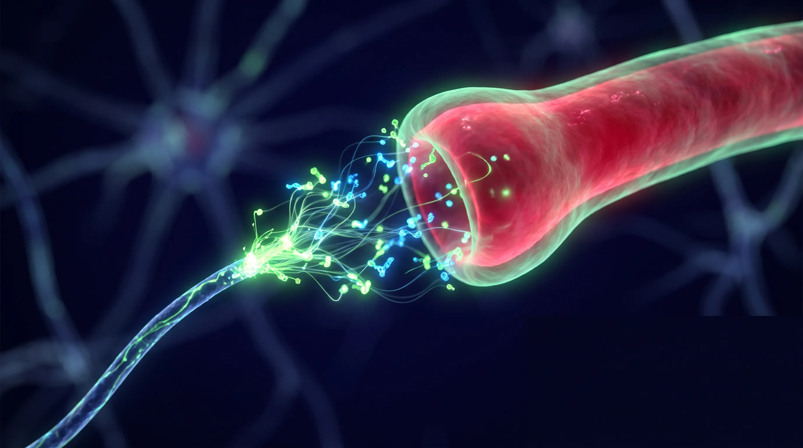 Visualizaci&oacute;n abstracta de una fibra nerviosa liberando mol&eacute;culas de neurop&eacute;ptido junto a un vaso sangu&iacute;neo, que representa la liberaci&oacute;n de CGRP en la migra&ntilde;a.