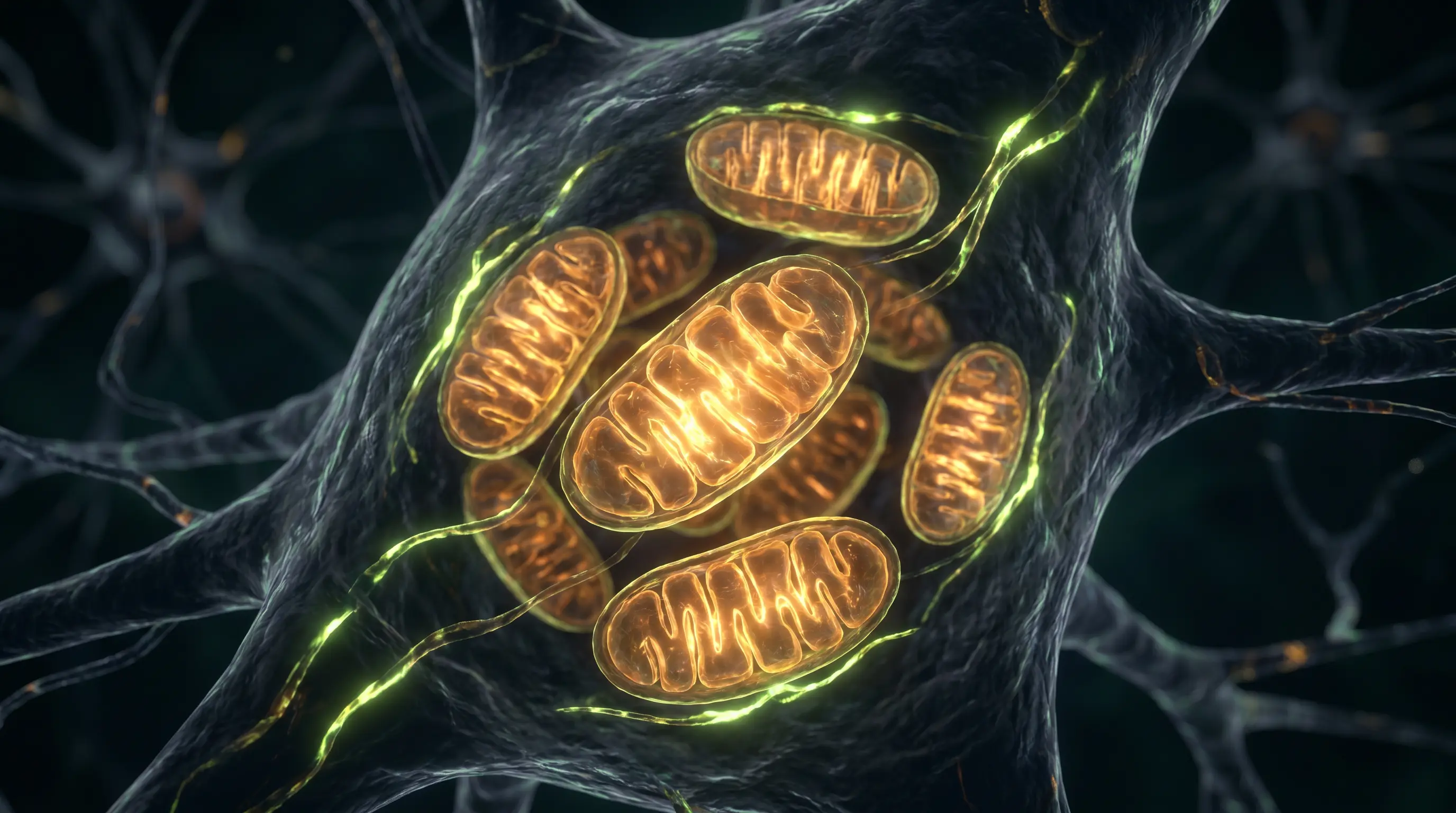 Visualizaci&oacute;n de mitocondrias produciendo energ&iacute;a dentro de una neurona, que ilustra el mecanismo com&uacute;n del magnesio, la riboflavina y la CoQ10.