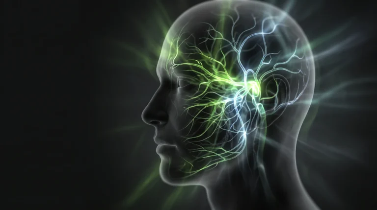 Visualización editorial de una cabeza humana de perfil con la red del nervio trigémino y los vasos craneales iluminados, que representa la activación neurovascular de la migraña.