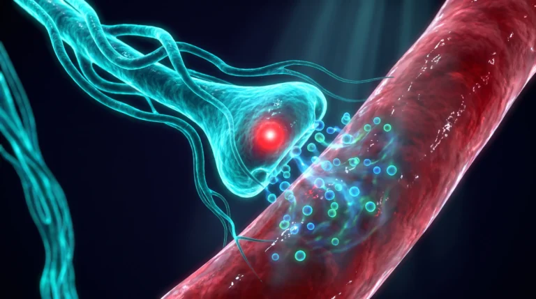 Ilustracion molecular de la prevencion de la migraña, con una terminal del trigemino liberando CGRP sobre un vaso meningeo.