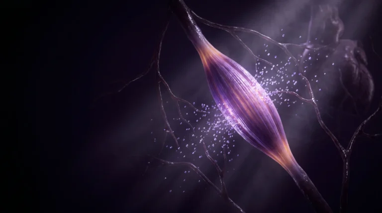 Una fibra muscular en contracción libera moléculas luminosas que viajan por la sangre hacia otros órganos, representando las mioquinas y el músculo como órgano endocrino.