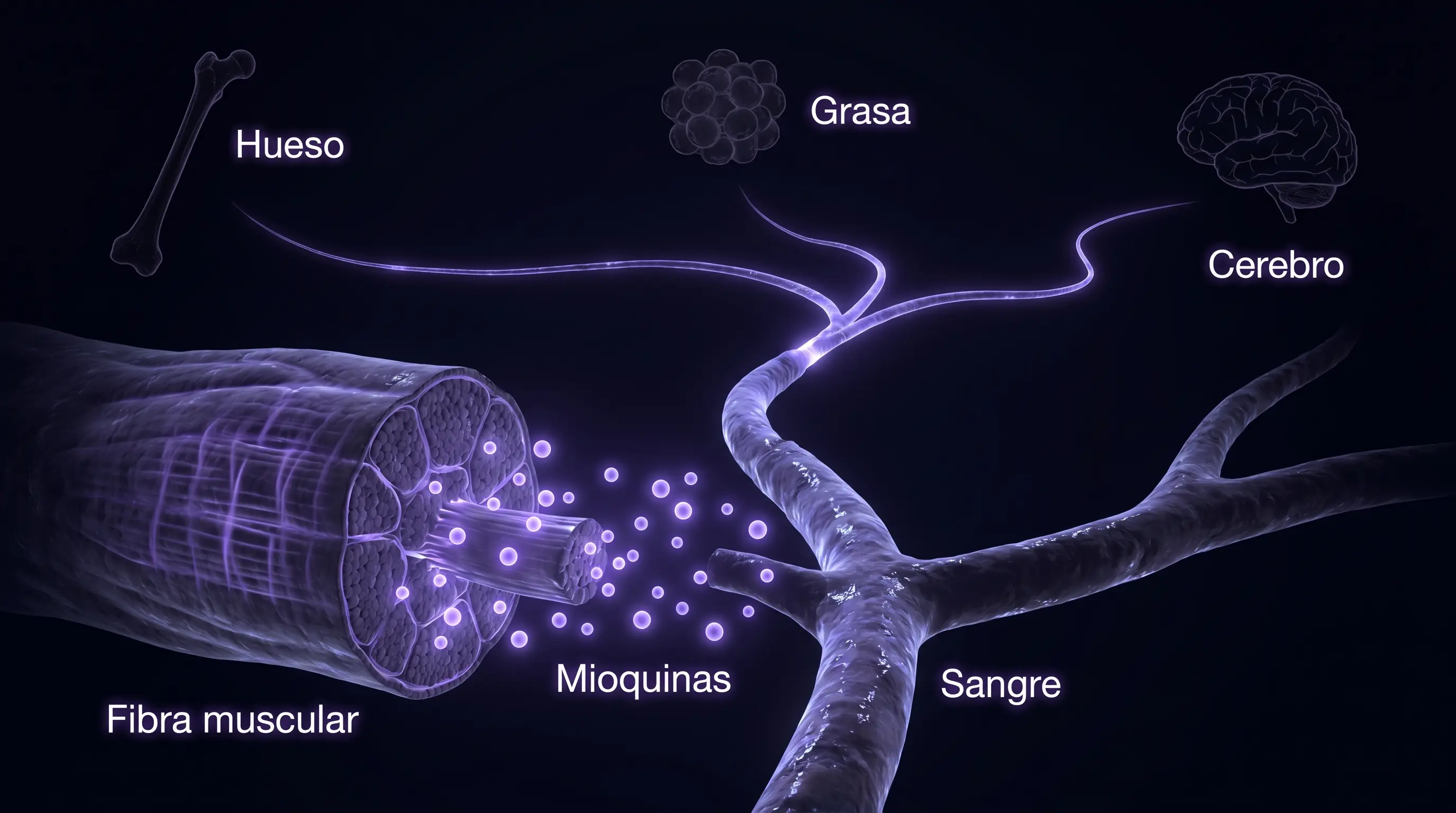 Una fibra muscular libera mioquinas a un capilar y desde ah&iacute; parten rutas hacia el hueso, la grasa y el cerebro, ilustrando la comunicaci&oacute;n entre el m&uacute;sculo y otros &oacute;rganos.