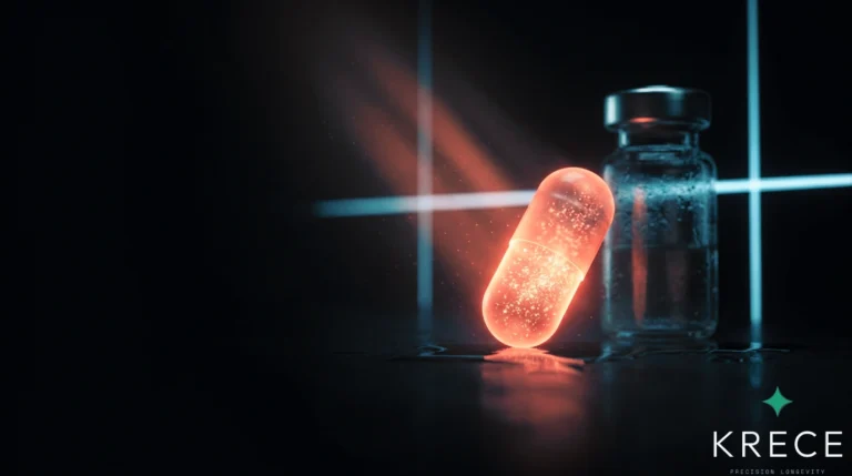 Una cápsula translúcida con polvo de brillo coral junto a un vial de laboratorio sobre fondo oscuro, con una rejilla de luz detrás que sugiere la barrera regulatoria del MK-677.