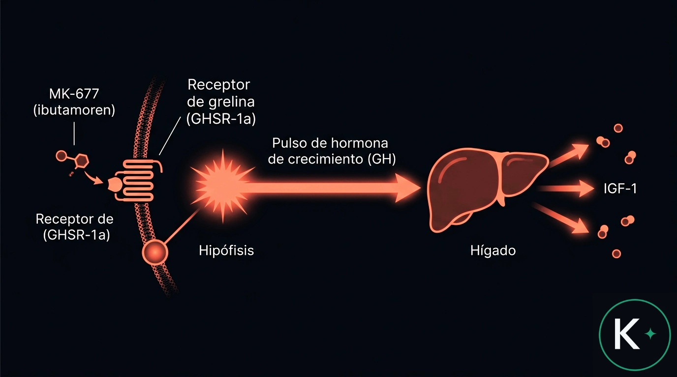 Diagrama del mecanismo del MK-677: se une al receptor de grelina en la hip&oacute;fisis, provoca un pulso de hormona de crecimiento y eleva el IGF-1 producido por el h&iacute;gado.
